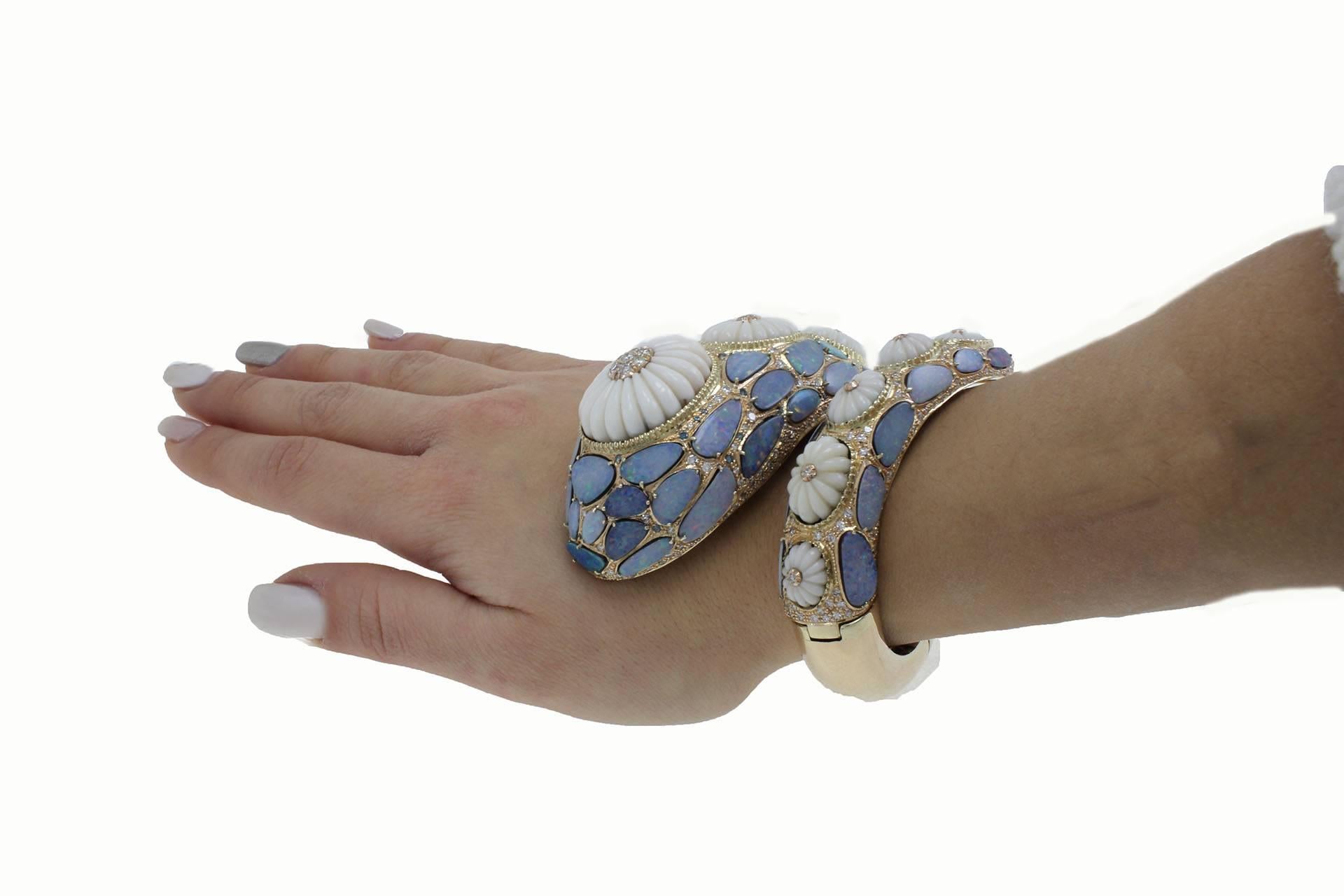 Opal Coral Diamond Gold Snake Bracelet 2