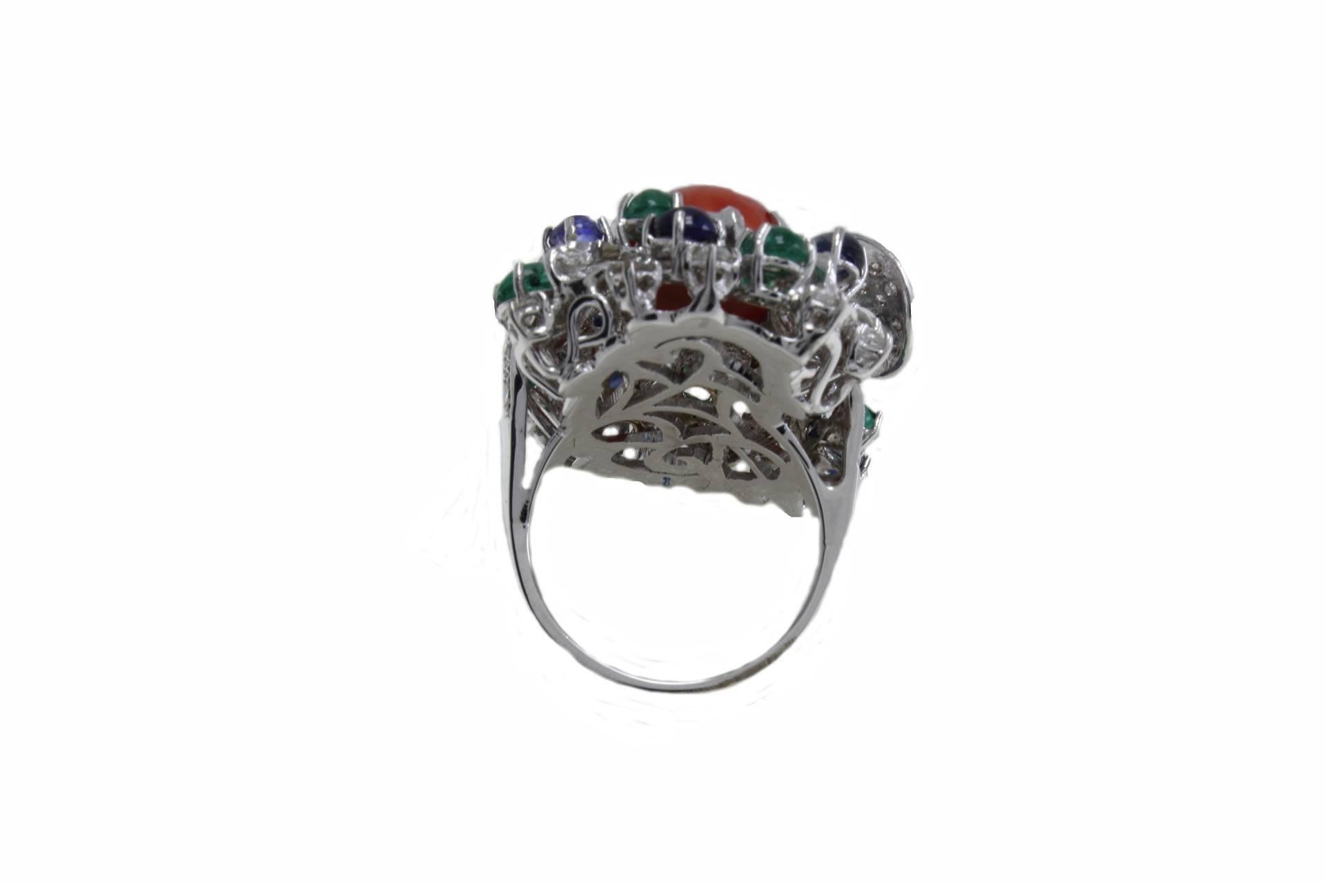 Retro Coral Sapphire Emerald Diamond Gold Ring