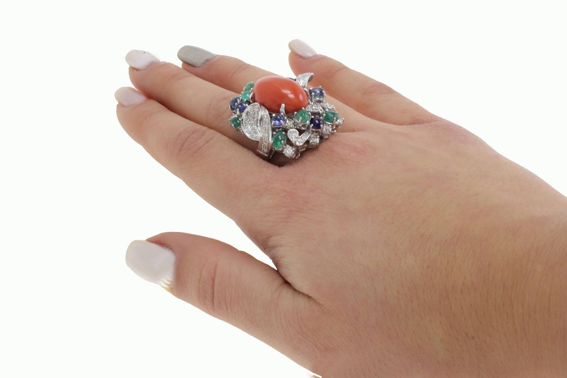 Women's Coral Sapphire Emerald Diamond Gold Ring