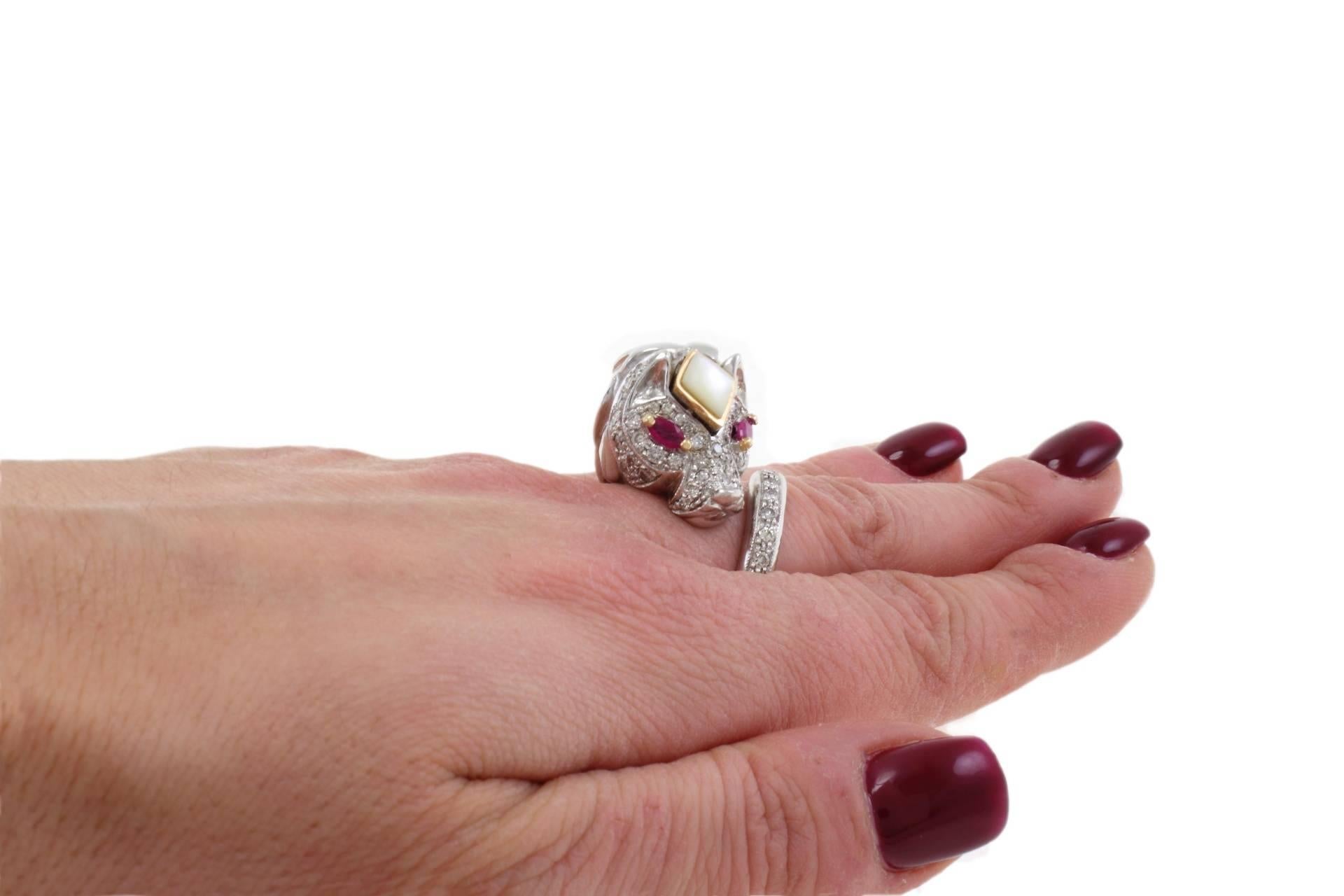 Retro Stylized Ruby Diamond Gold Lion Ring For Sale