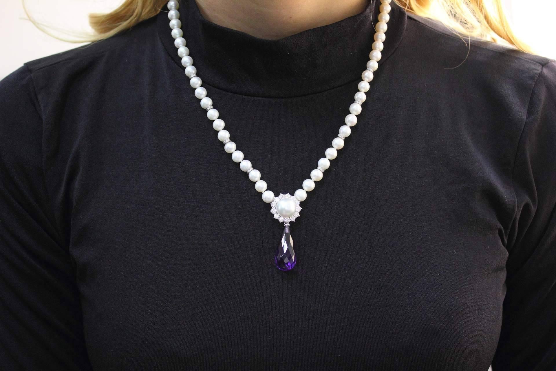 Amethysts Diamonds Pearl Gold Necklace 1