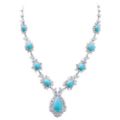 Turquoise, Diamonds, 14 Karat White Gold Necklace.