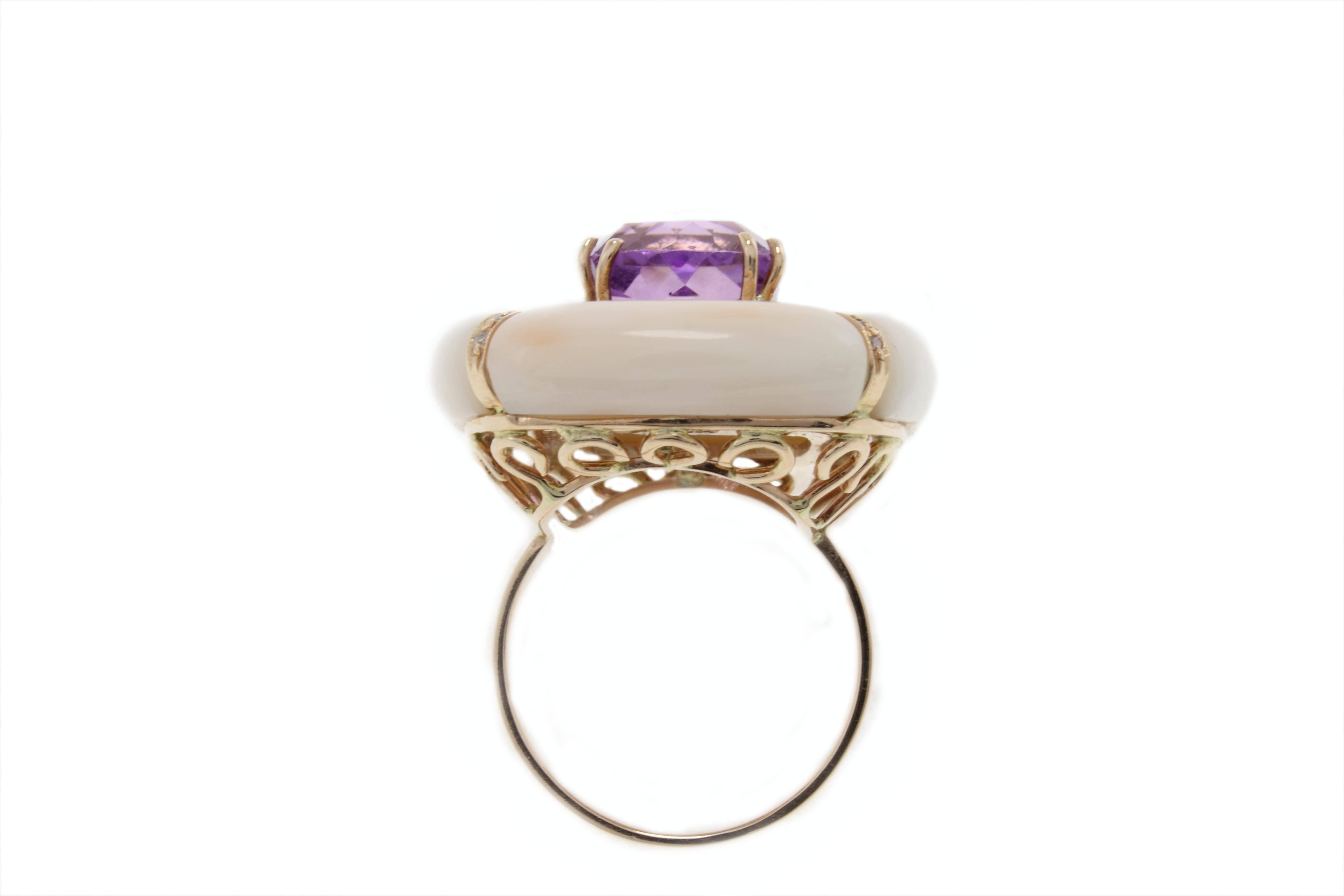 Retro Amethyst Pink Coral Diamond Gold Ring