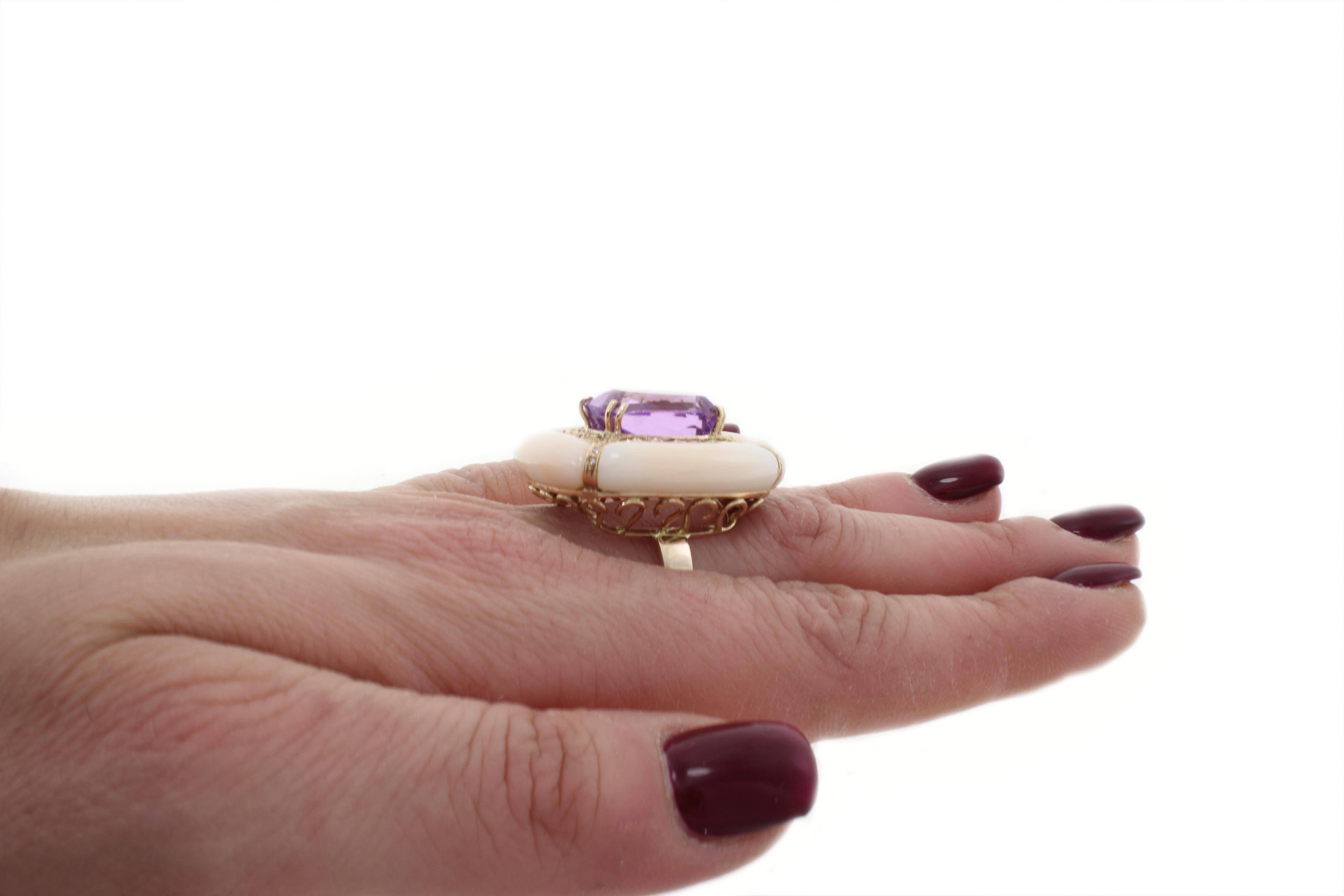 Women's Amethyst Pink Coral Diamond Gold Ring