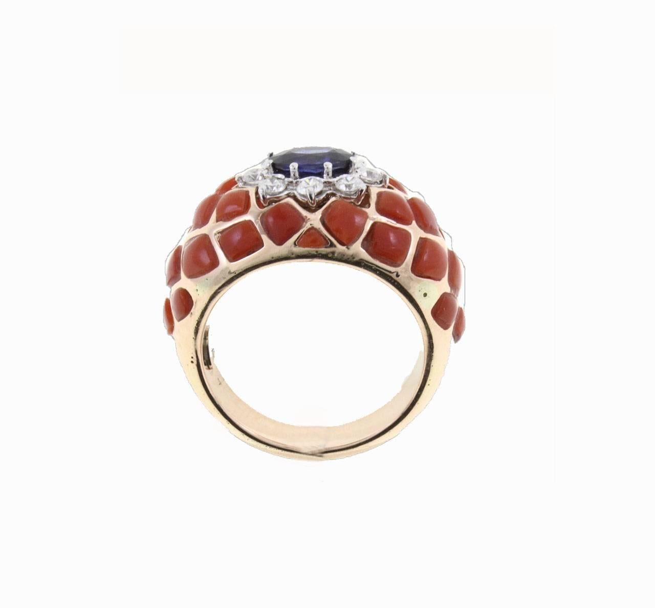 Antique Cushion Cut Sapphire Coral Diamond Gold Ring