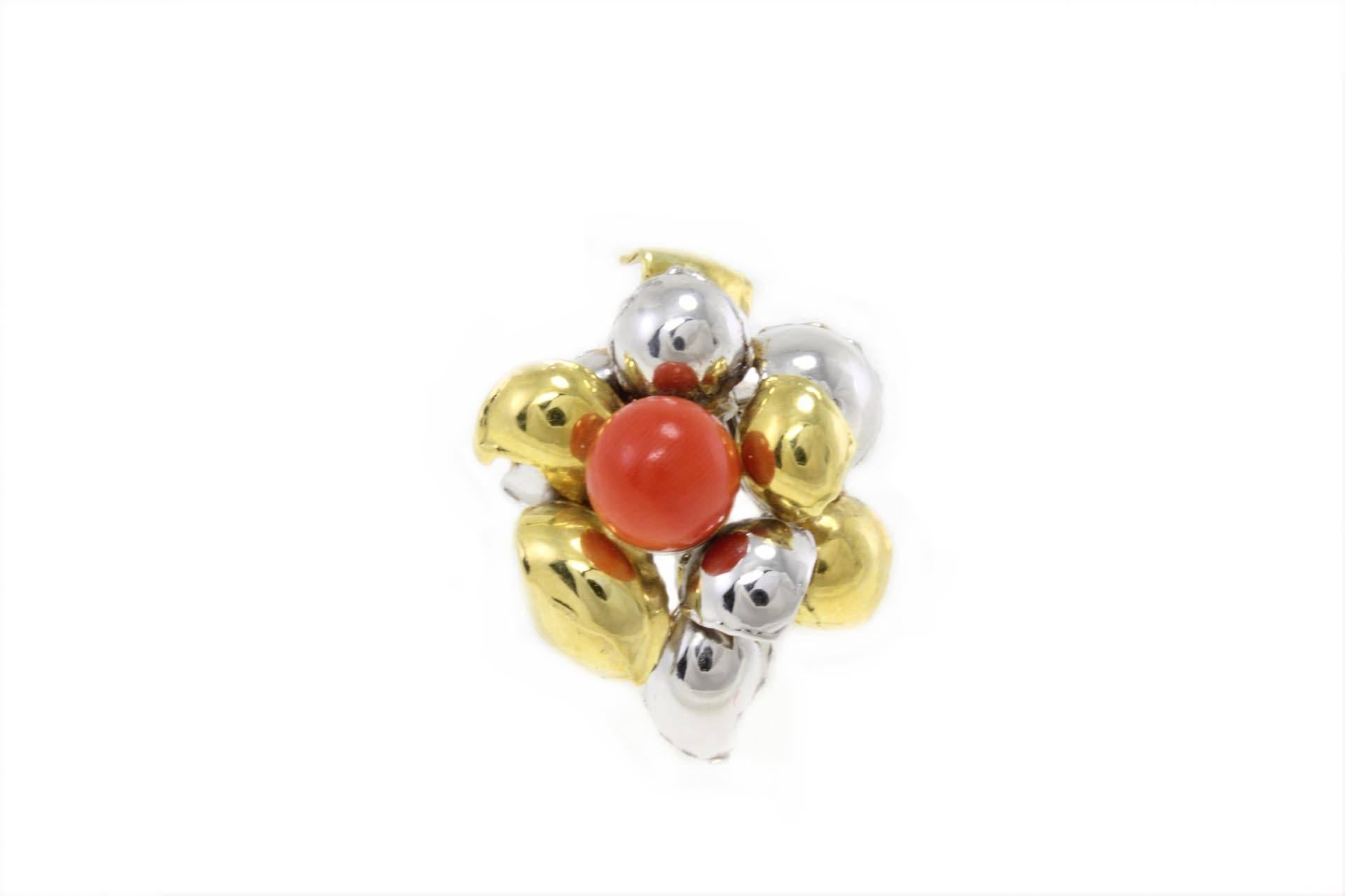 Modern Red Coral Spheres, 18K White and Yellow Gold Leaves Shape Clip-on  Earrings For Sale