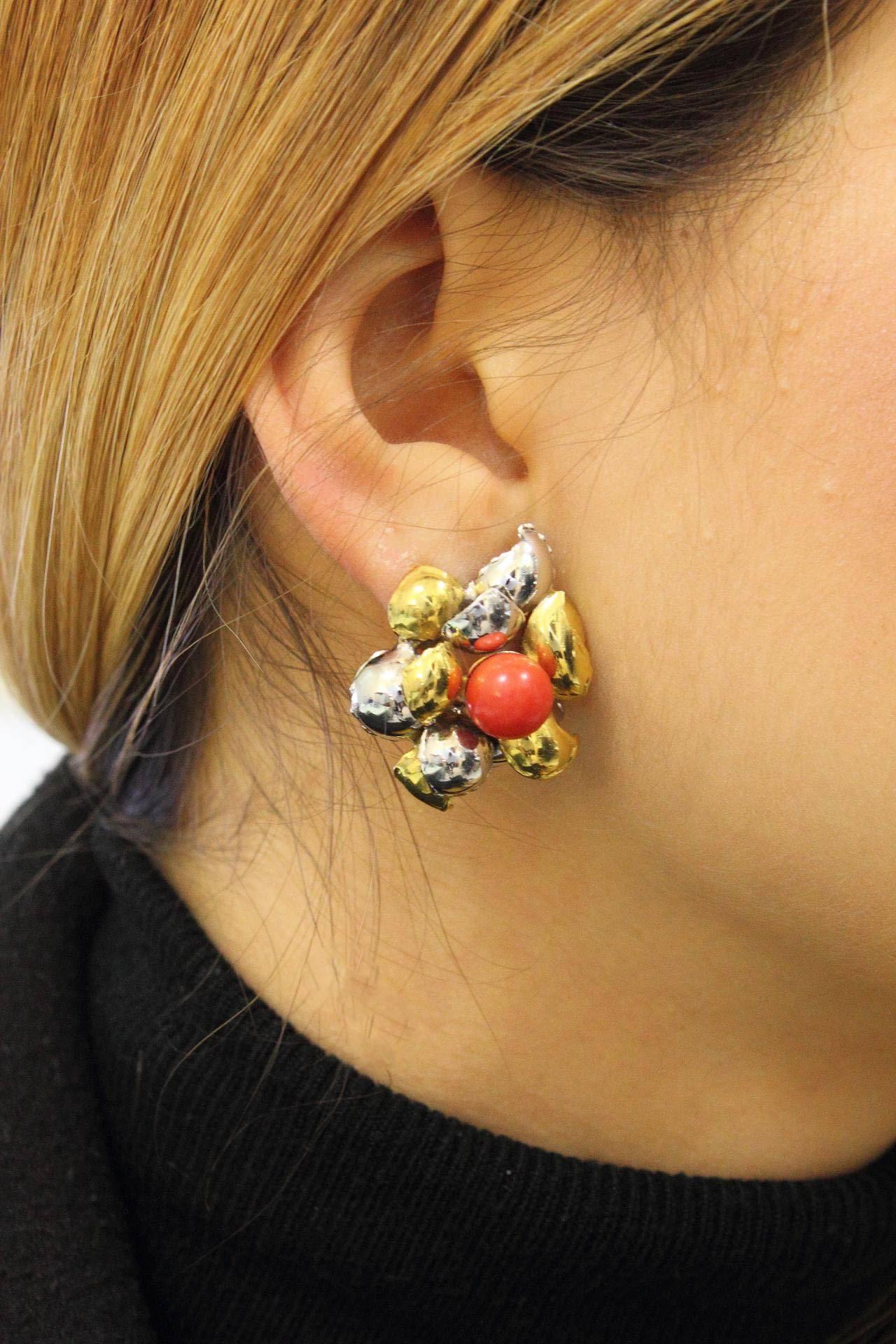 Uncut Red Coral Spheres, 18K White and Yellow Gold Leaves Shape Clip-on  Earrings For Sale