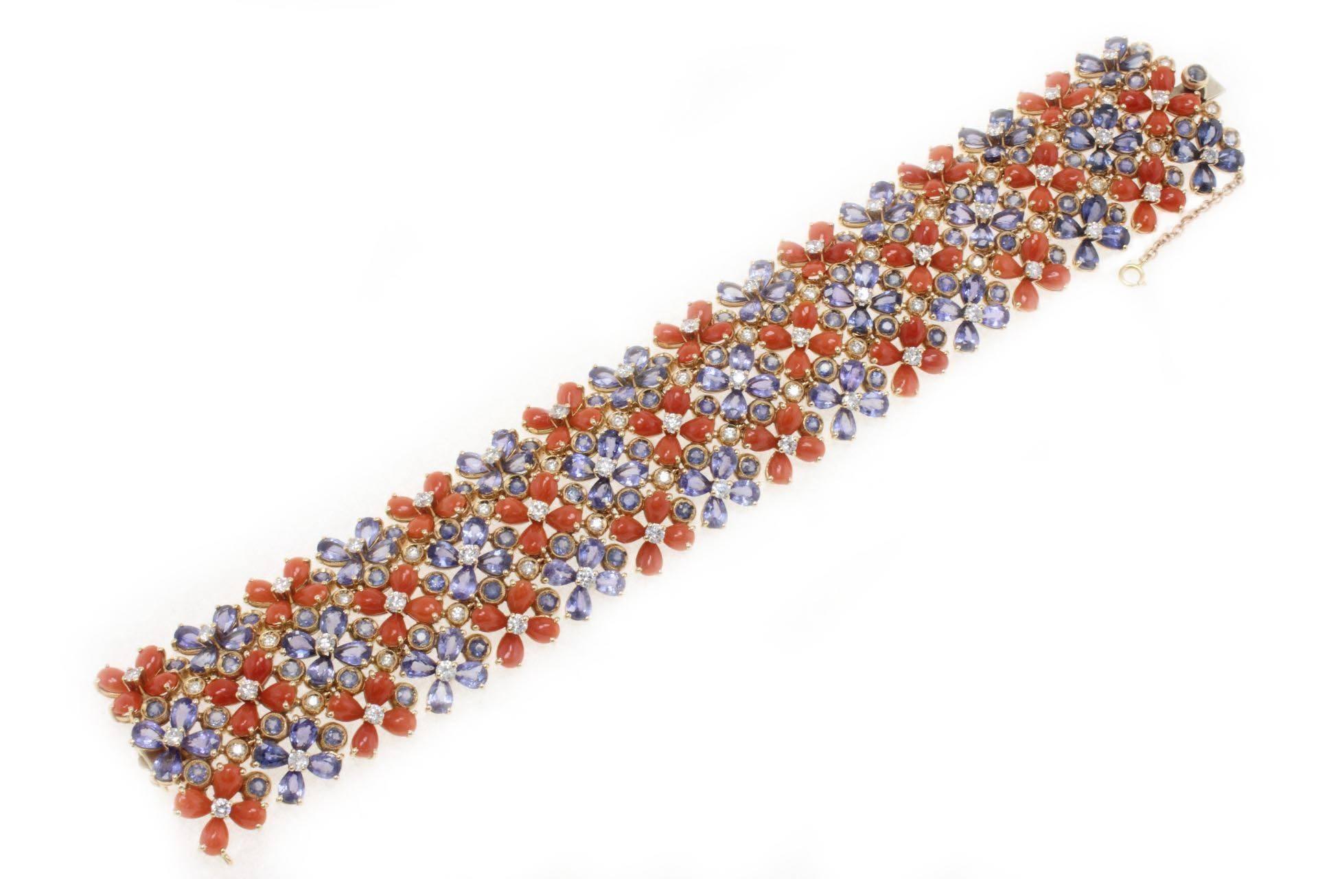 Retro  Coral Sapphire Diamond gold Bracelet