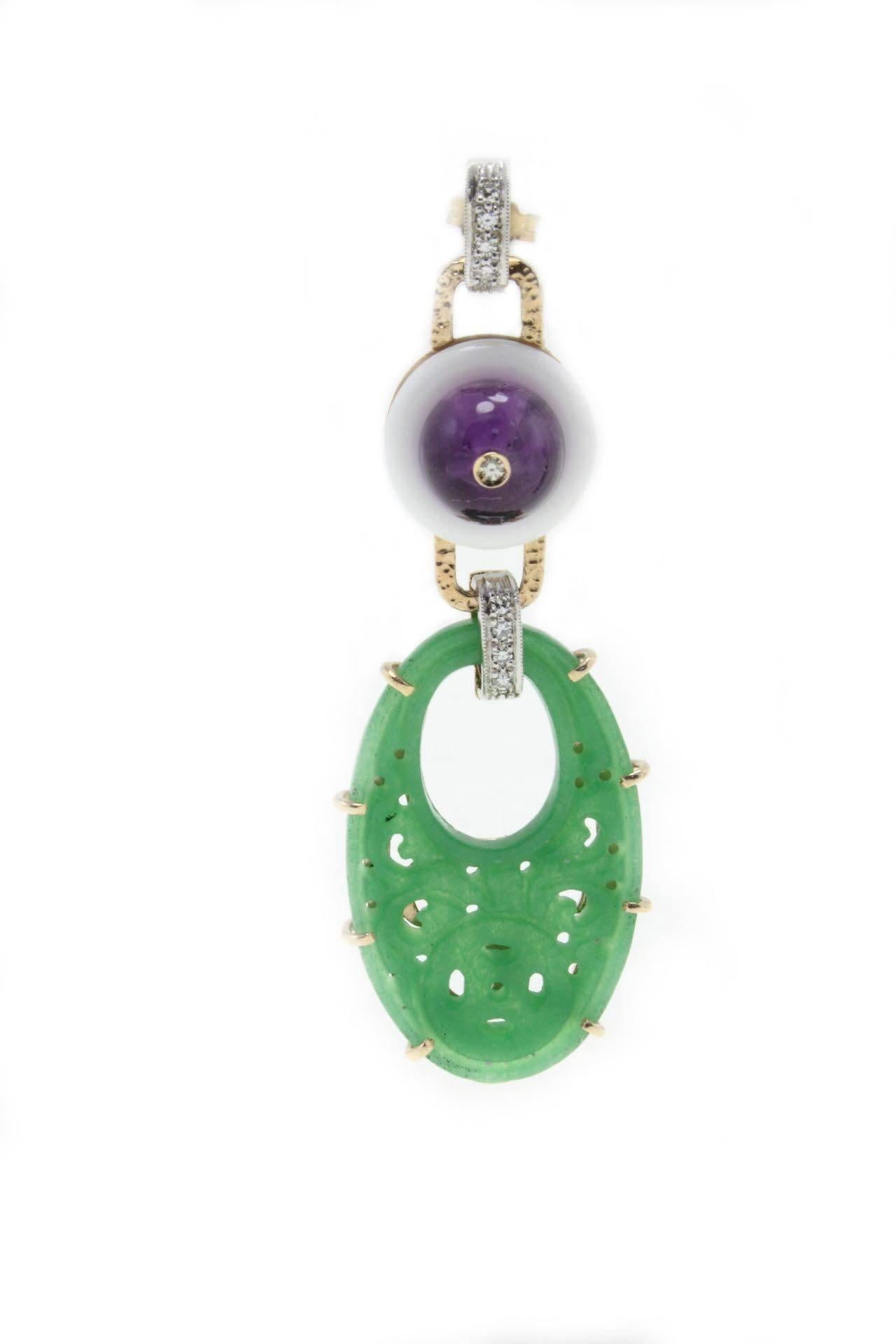Make yourself charming with incredible pops of crayon color featuring exotic gemstones. 
 The earrings are mounted on 14Kt white and yellow gold, with diamonds(0.29Kt) that link amethyst (14Kt) to white agate and gemstone(7 gr)
Tot weigth 23.5