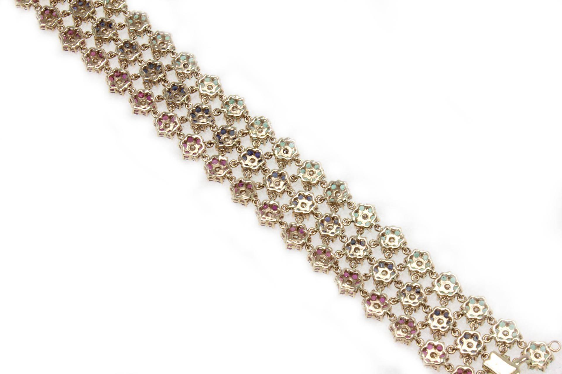 Retro Emerald Ruby Sapphire Diamond Gold Bracelet For Sale