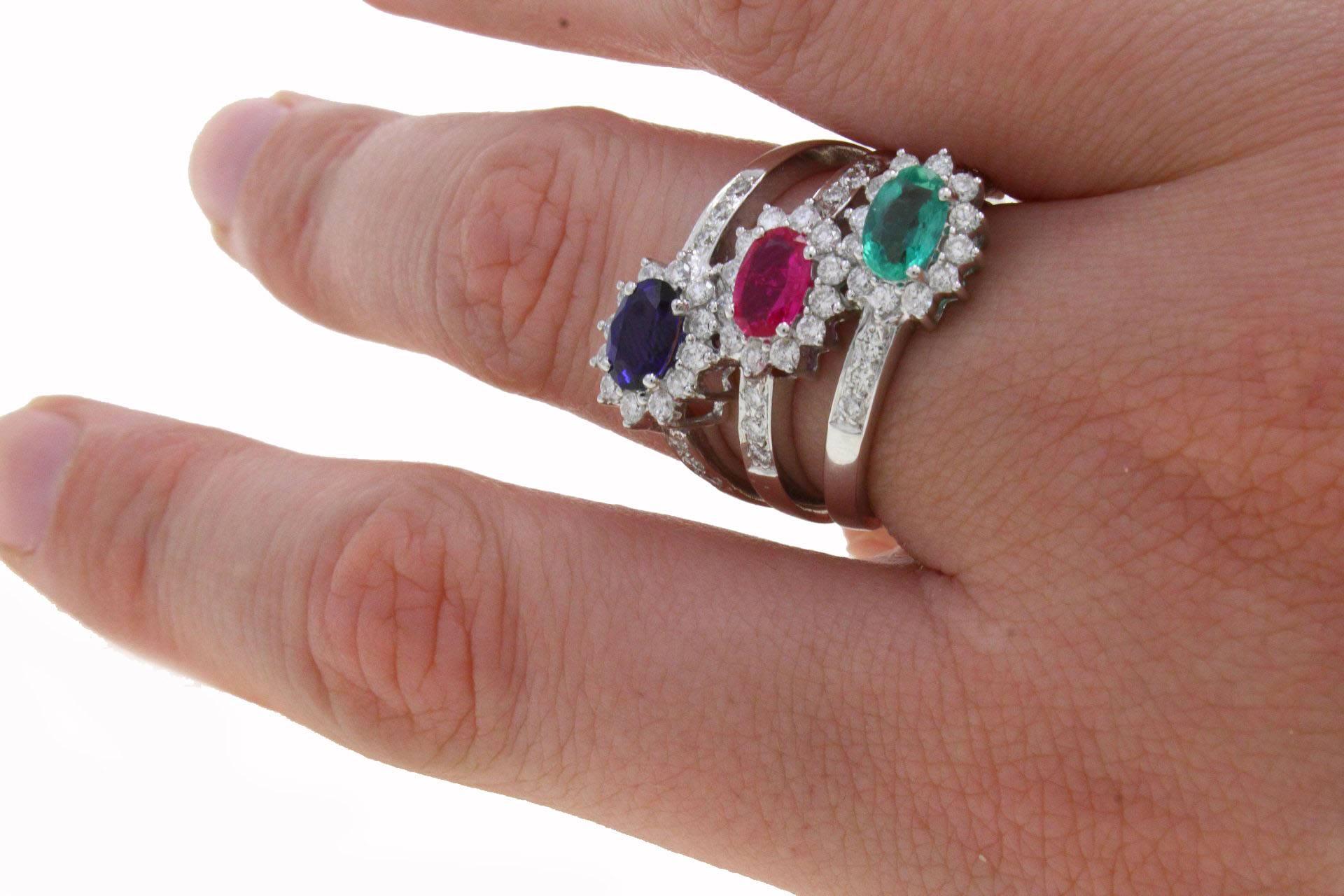 Women's Emerald Sapphire Ruby and Diamonds Gold Ring