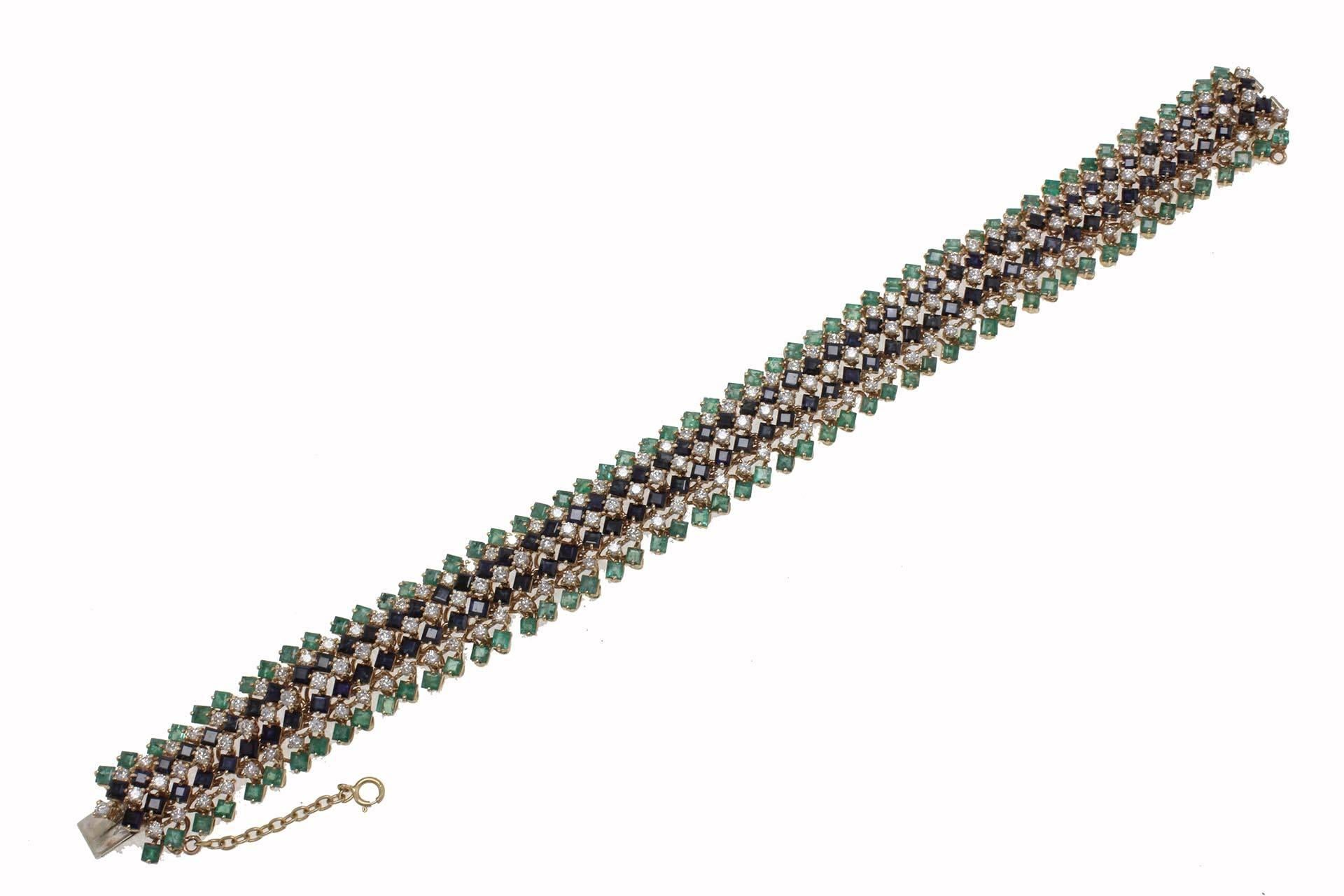 Retro Emerald and Sapphire and Diamonds Gold Strands Bracelet For Sale