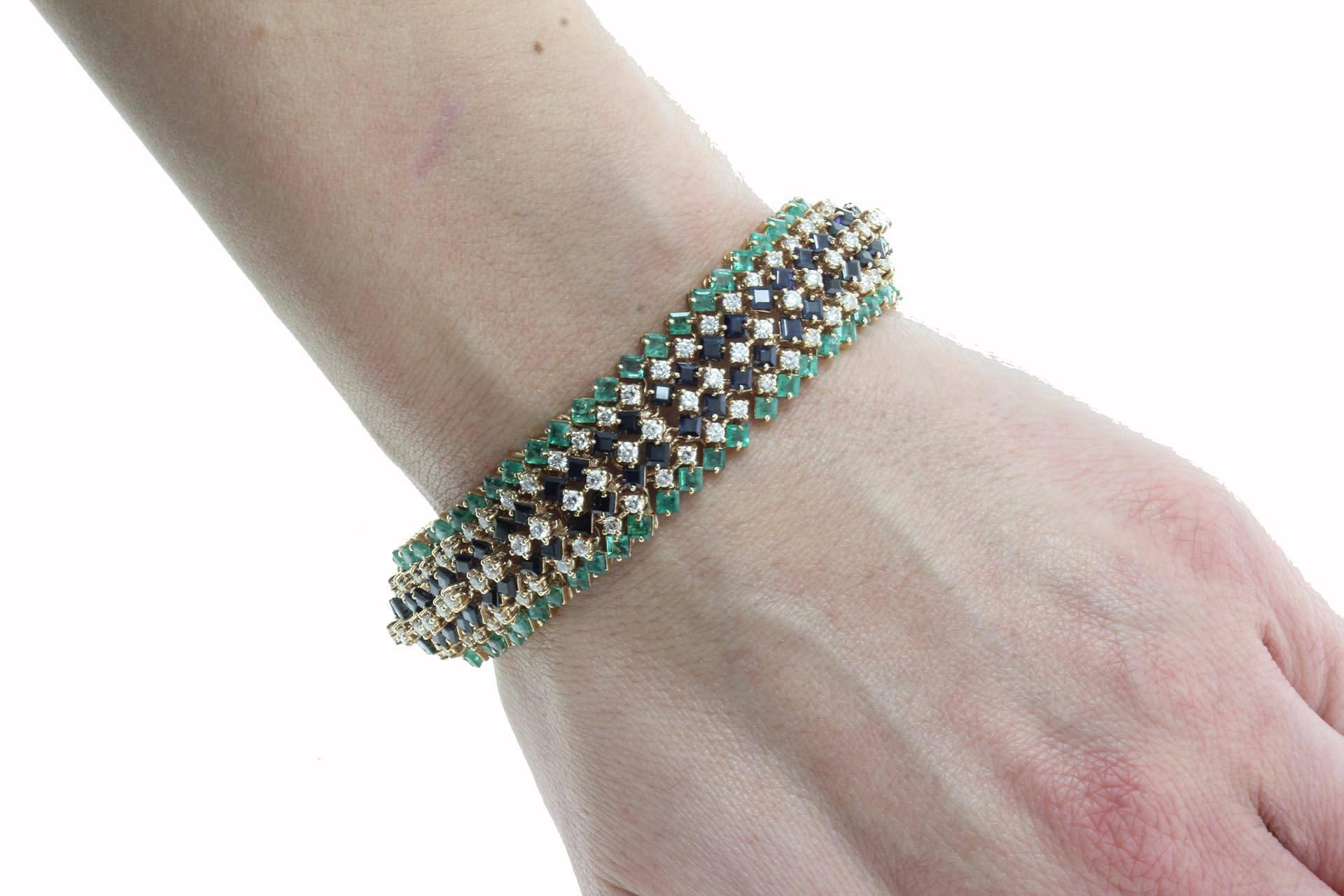 Brilliant Cut Emerald and Sapphire and Diamonds Gold Strands Bracelet For Sale
