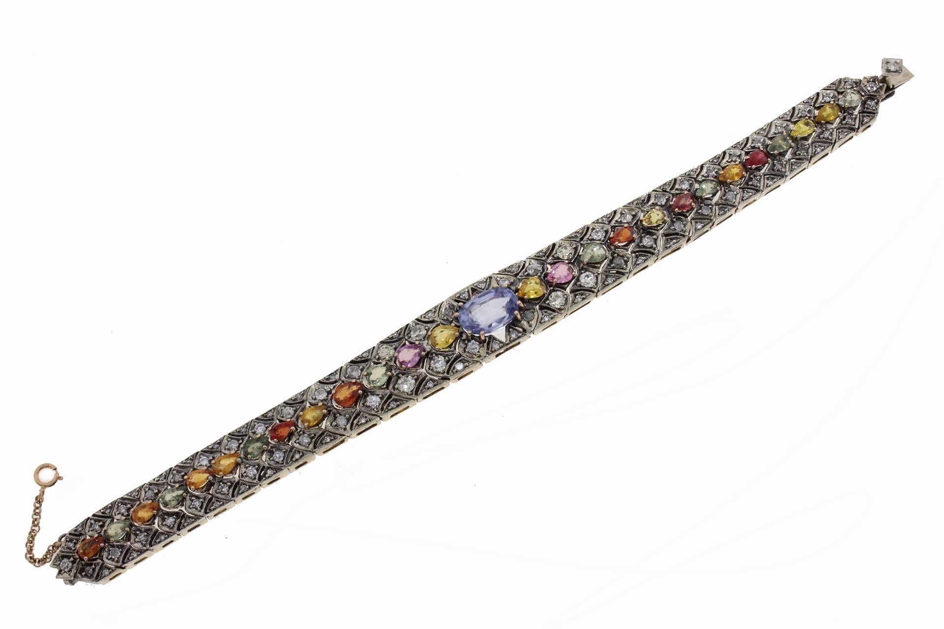 Retro Multicolor Sapphires and  Diamond Rose Gold and Silver Bracelet