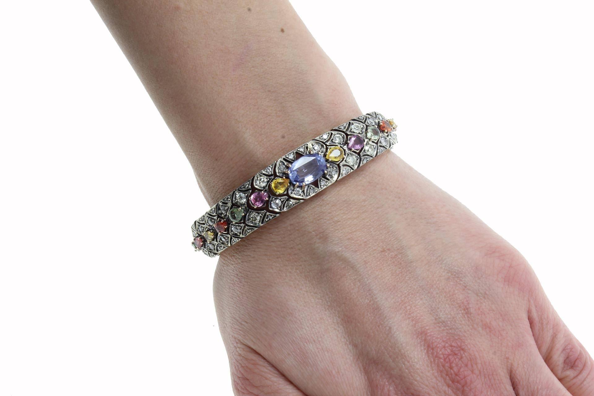 Multicolor Sapphires and  Diamond Rose Gold and Silver Bracelet In Good Condition In Marcianise, Marcianise (CE)