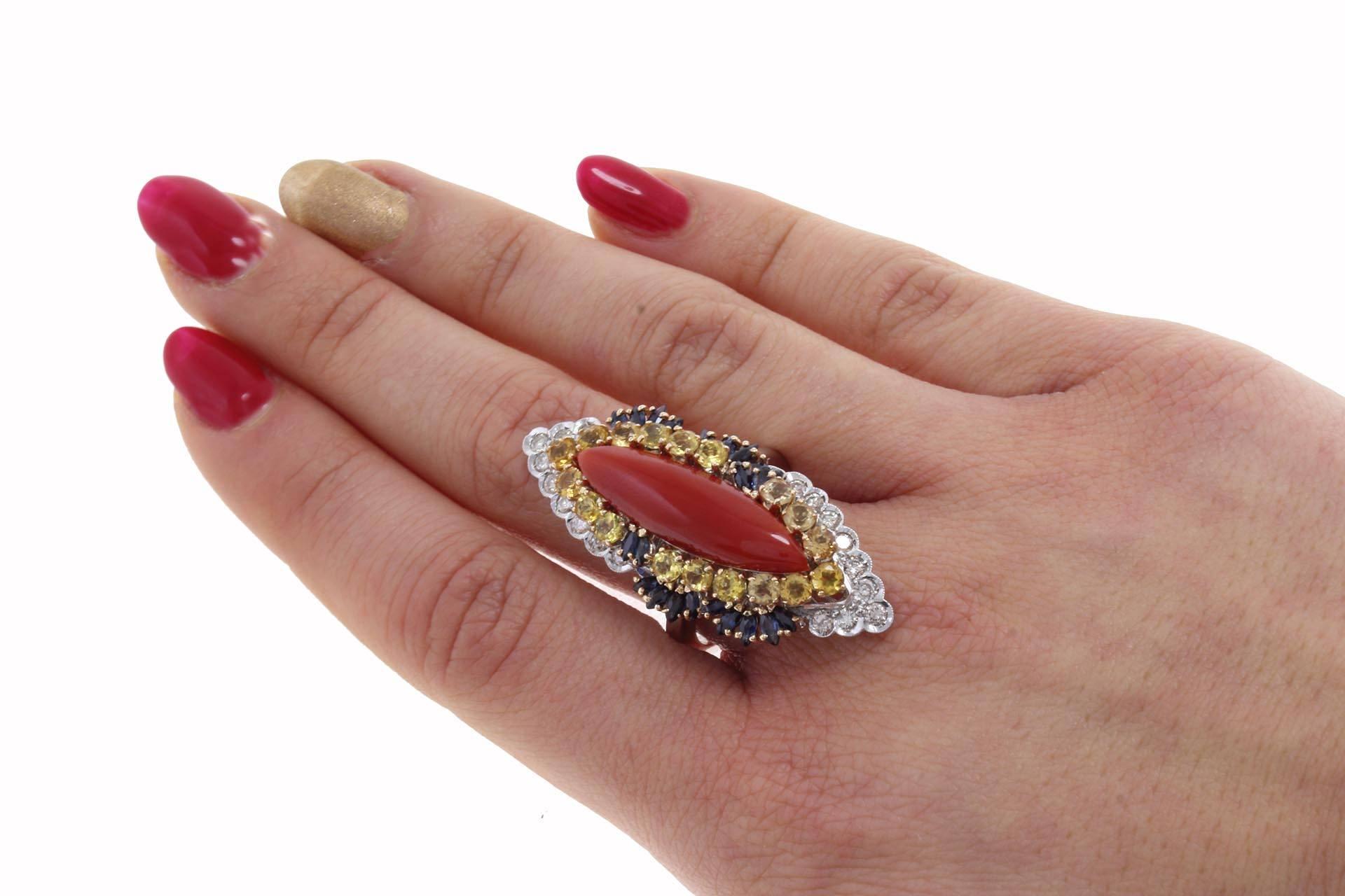 Luise Coral  Sapphire Topaz Diamond gold Ring In Good Condition In Marcianise, Marcianise (CE)