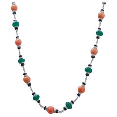 Coral, Green Agate, Rock Crystal, Onyx, Diamonds, White Gold Necklace.