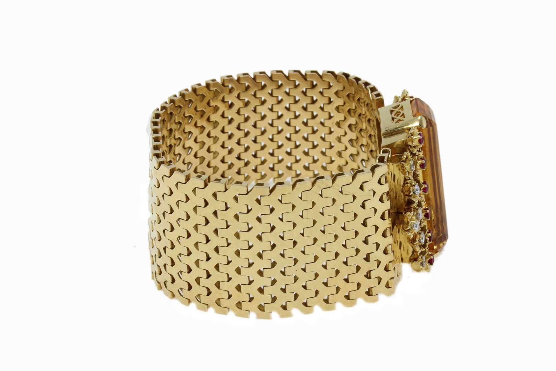 Retro 1960s Rubies Diamonds Topaz 18 Karat Gold Bracelet Brooch For Sale