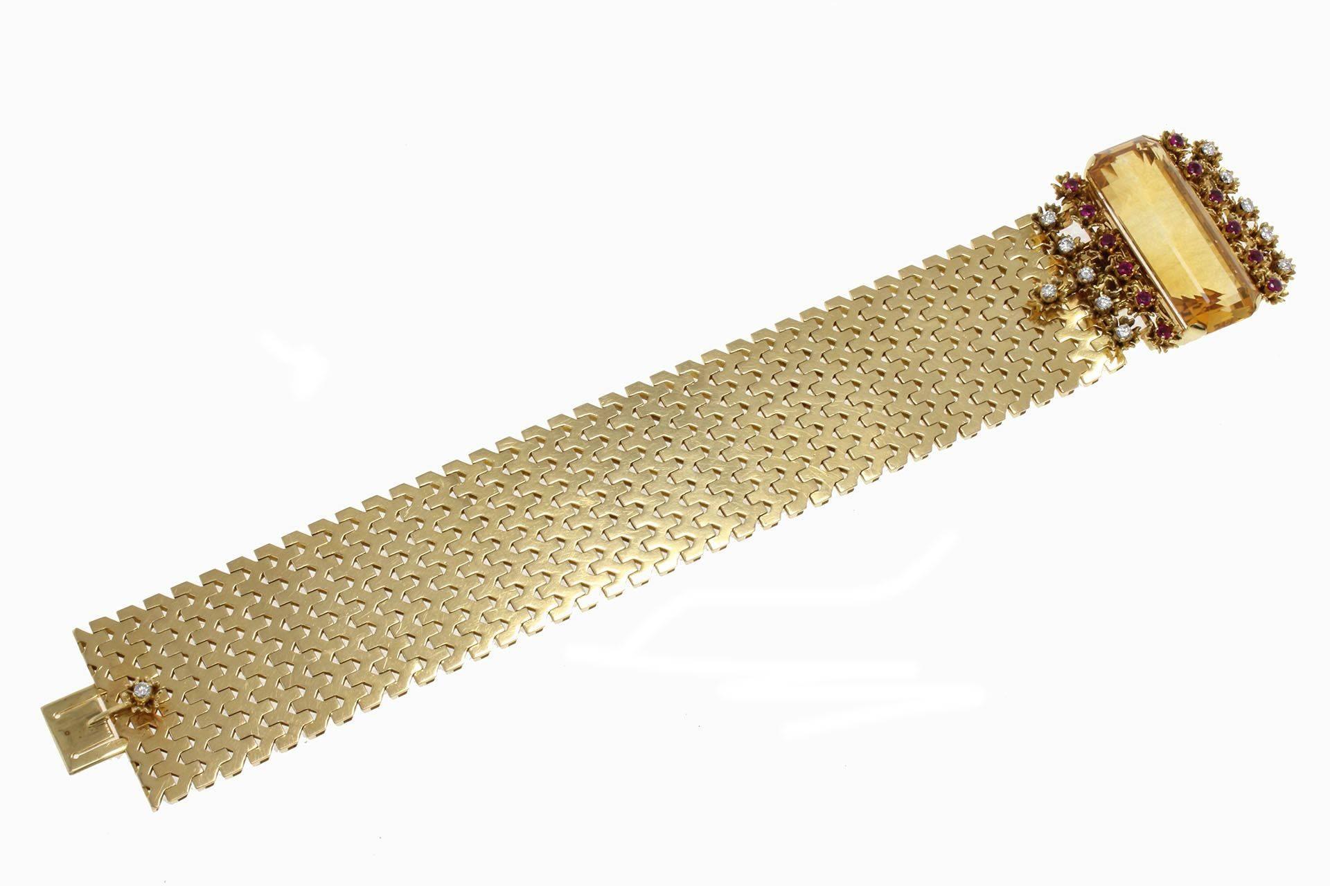 Brilliant Cut 1960s Rubies Diamonds Topaz 18 Karat Gold Bracelet Brooch For Sale