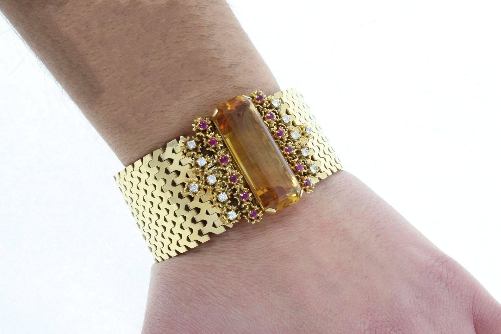 1960s Rubies Diamonds Topaz 18 Karat Gold Bracelet Brooch For Sale 1