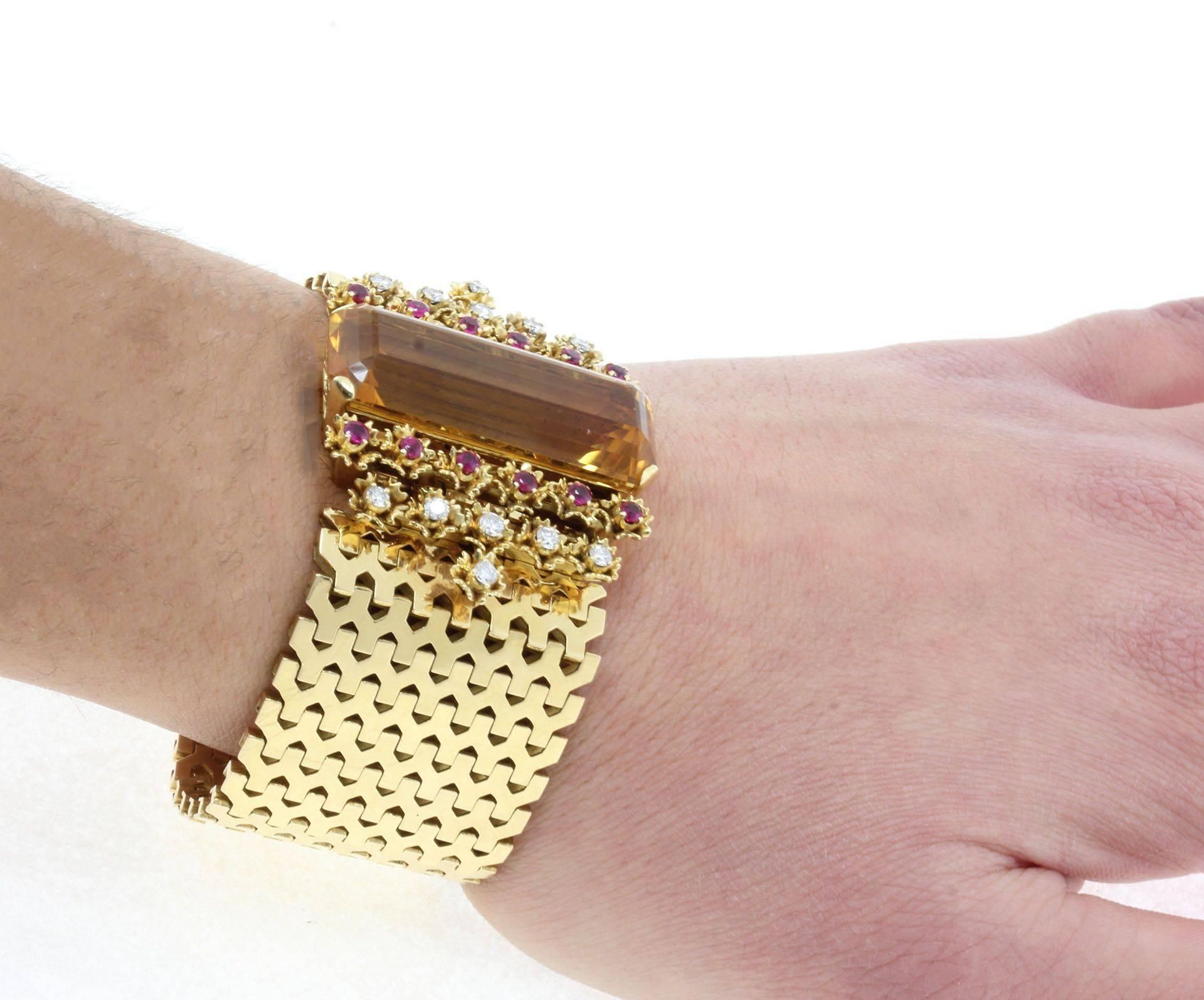 1960s Rubies Diamonds Topaz 18 Karat Gold Bracelet Brooch For Sale 2