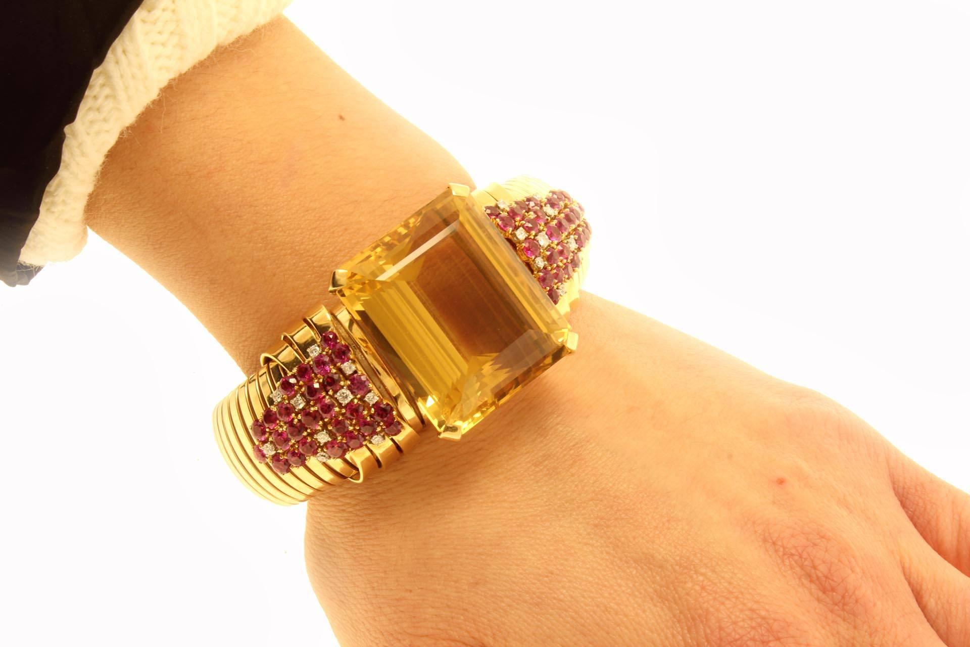 Art Deco  Diamonds Rubies Yellow Topaz Two-Color Gold Bracelet