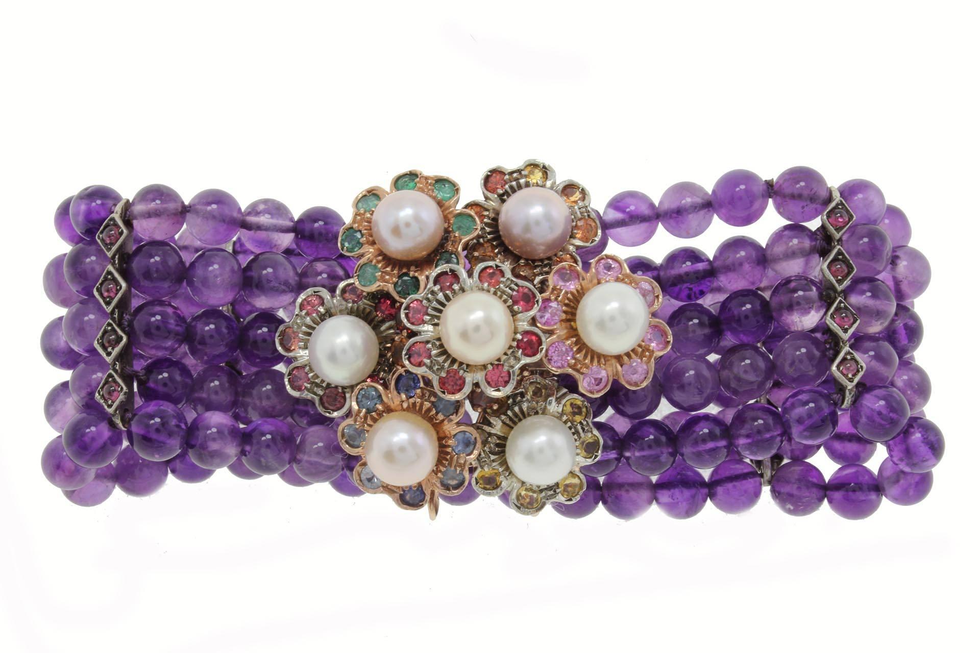 Retro Amethyst Precious Stones and Pearls Gold and Silver Bracelet For Sale