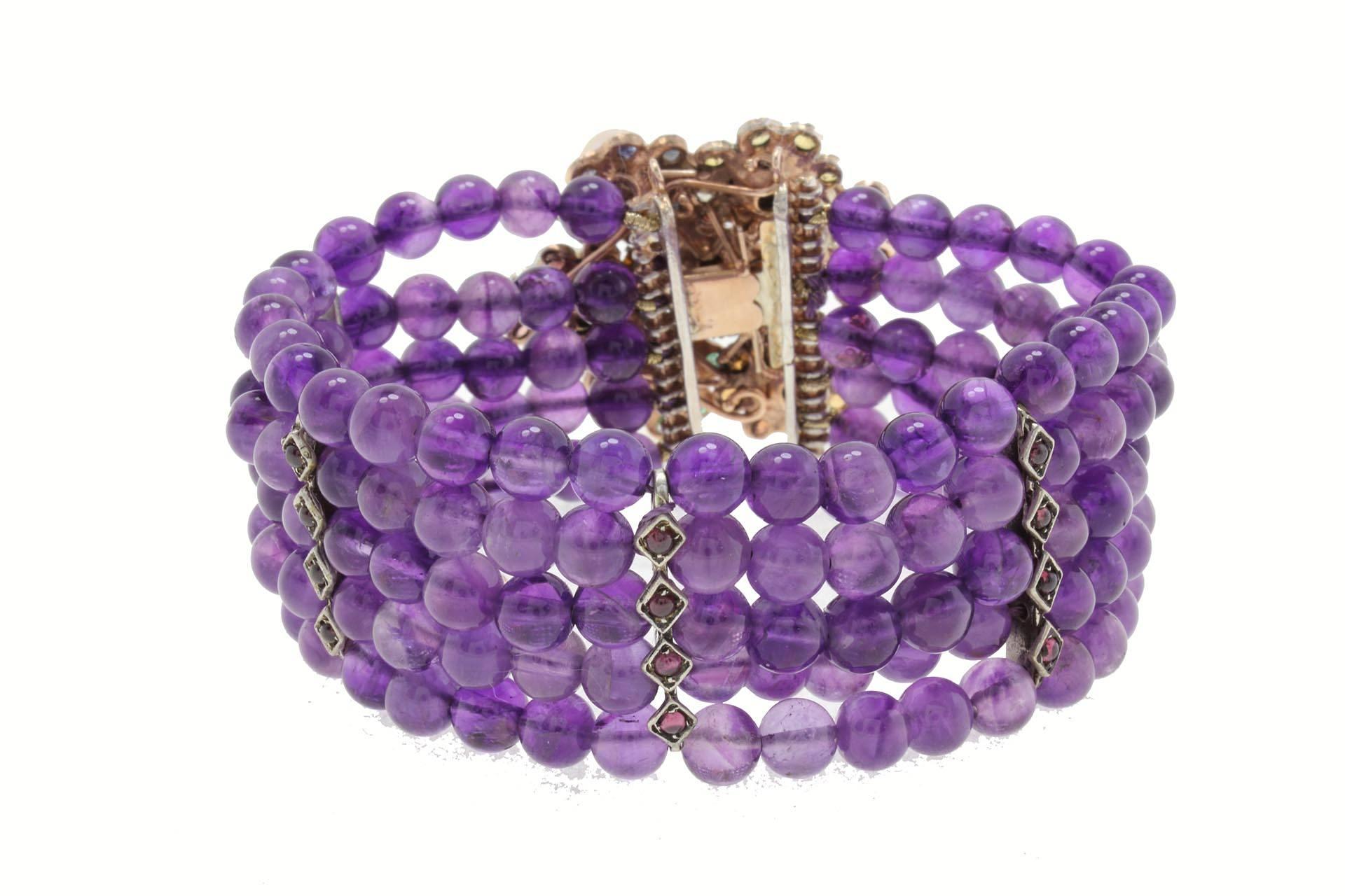 Mixed Cut Amethyst Precious Stones and Pearls Gold and Silver Bracelet For Sale