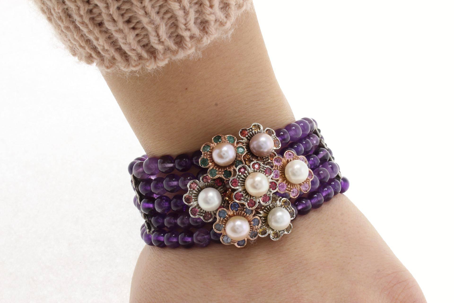 Women's Amethyst Precious Stones and Pearls Gold and Silver Bracelet For Sale