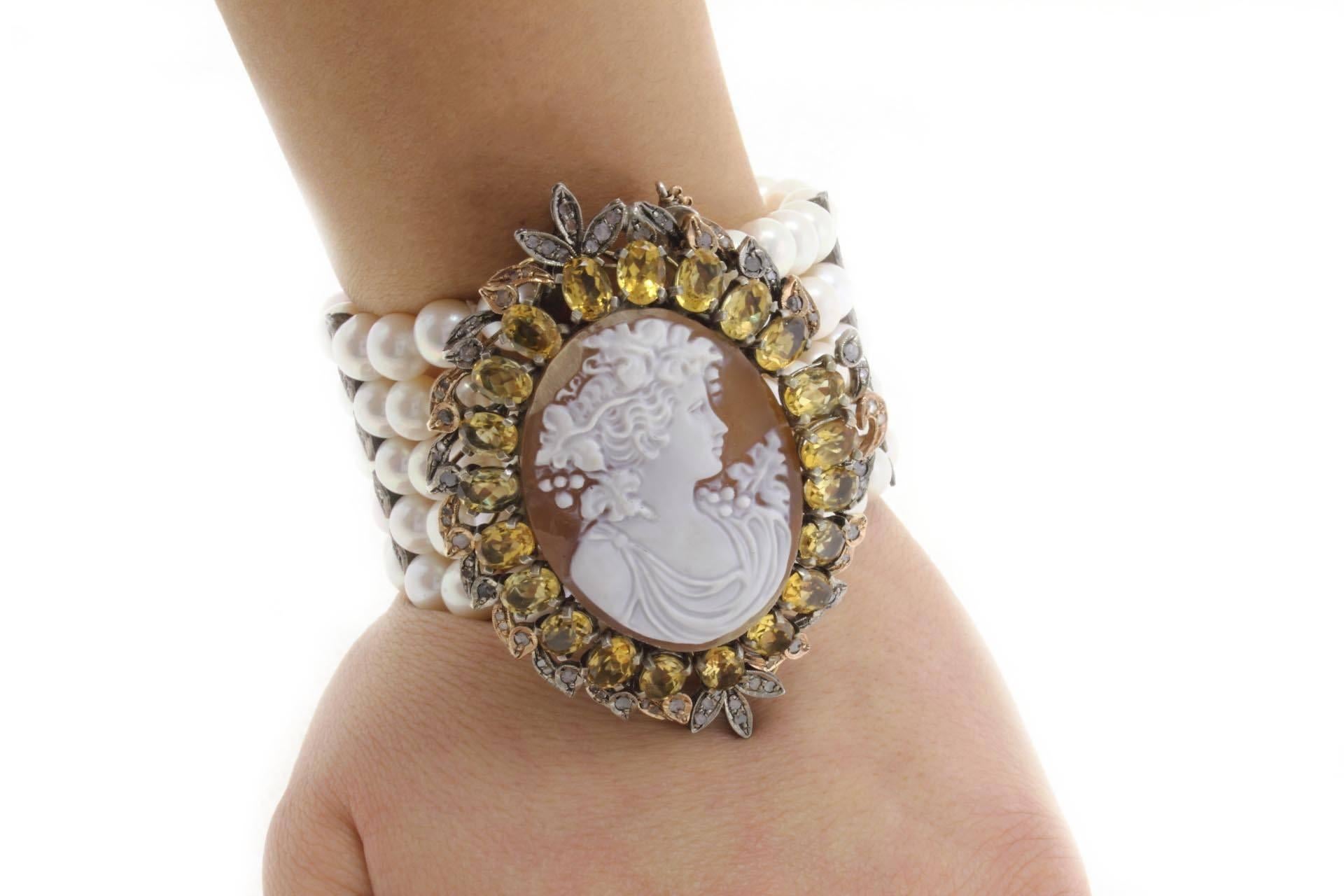 Women's Pearls Diamond Topaz and Cameo Gold and Silver Bracelet