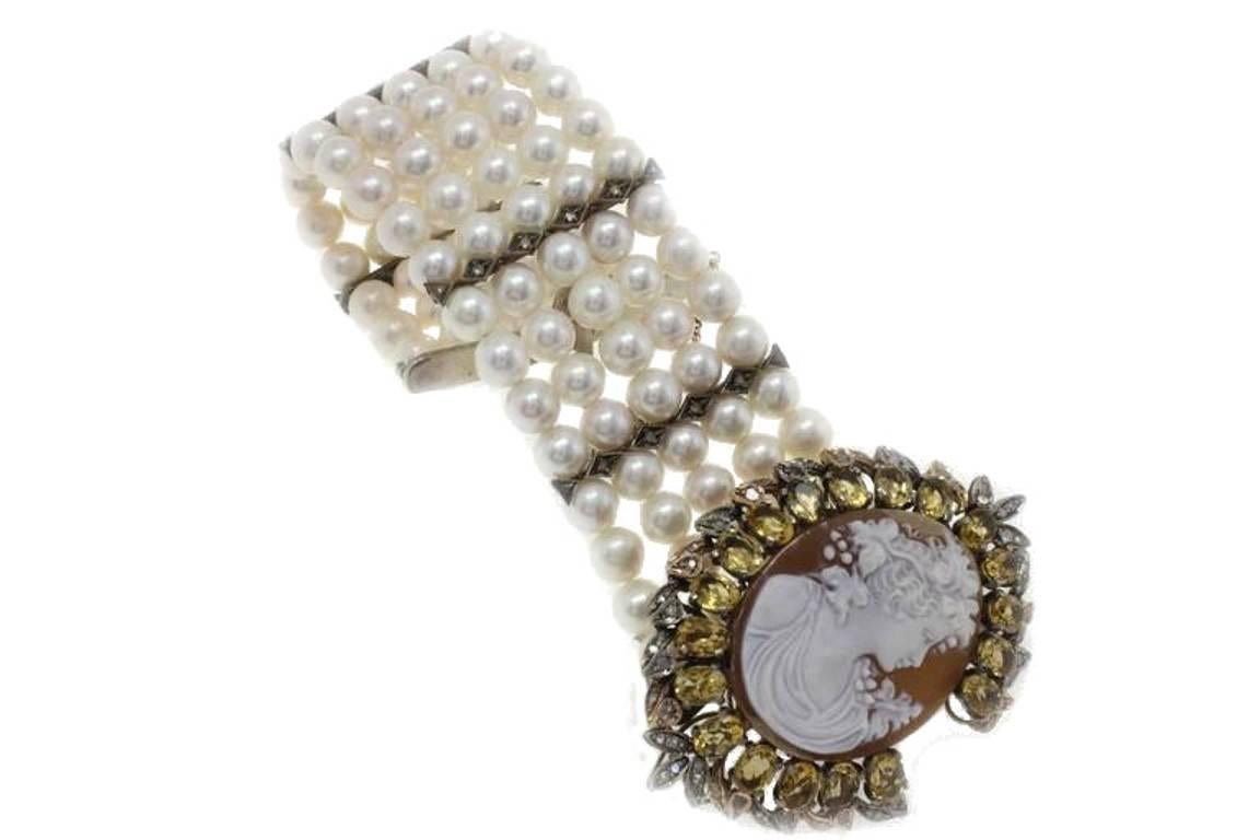 Retro Pearls Diamond Topaz and Cameo Gold and Silver Bracelet