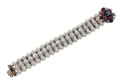 Luise Pearls Diamonds Rubies Sapphires and Emerald Gold and Silver Bracelet