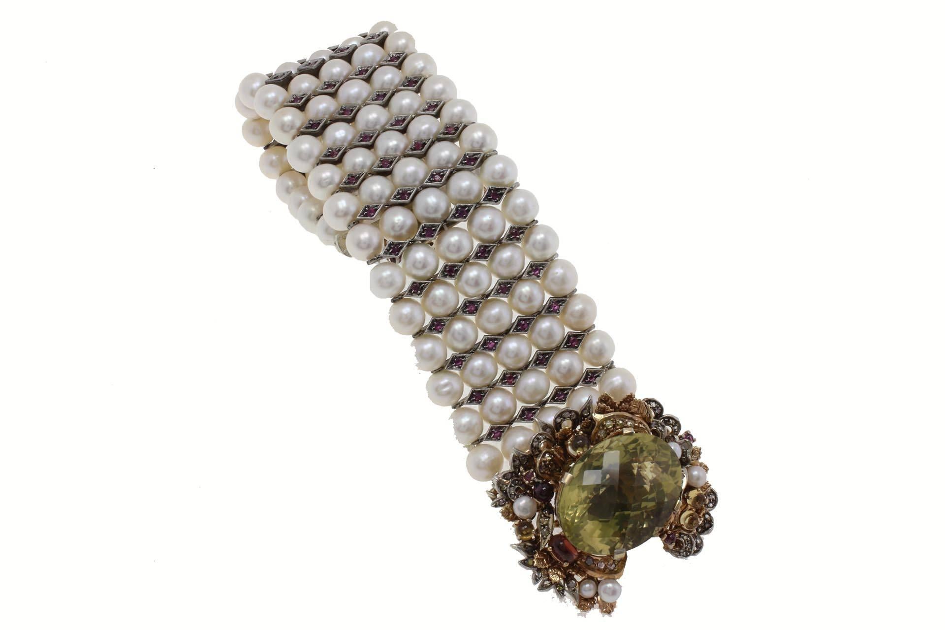 Retro Pearl Diamond Ruby Semiprecious Silver Gold Bracelet
