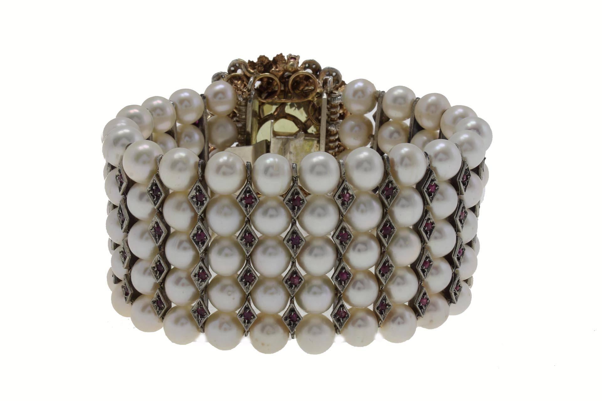 Pearl Diamond Ruby Semiprecious Silver Gold Bracelet In Good Condition In Marcianise, Marcianise (CE)