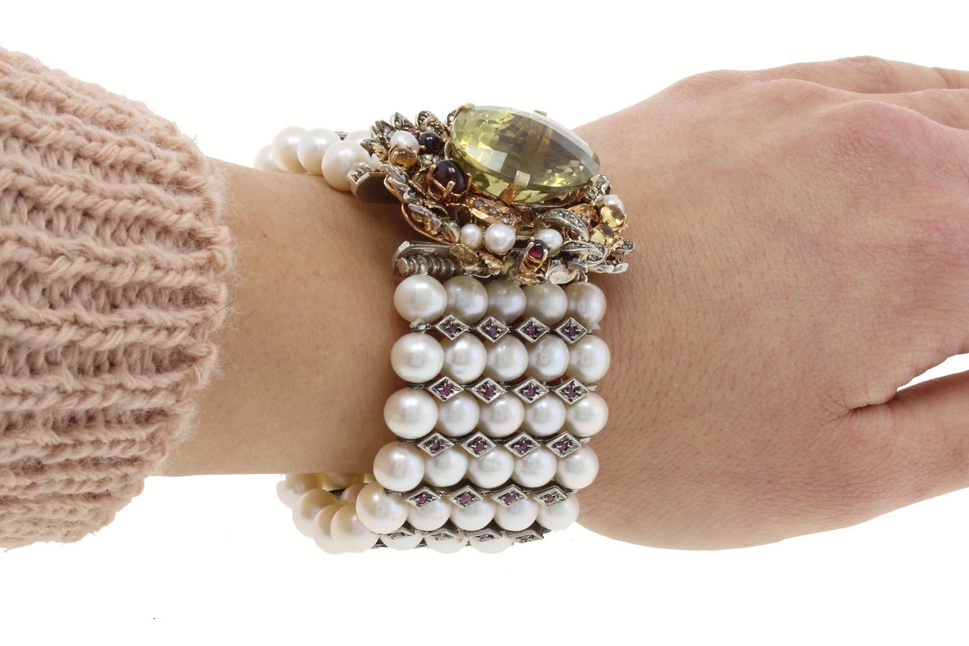 Women's Pearl Diamond Ruby Semiprecious Silver Gold Bracelet