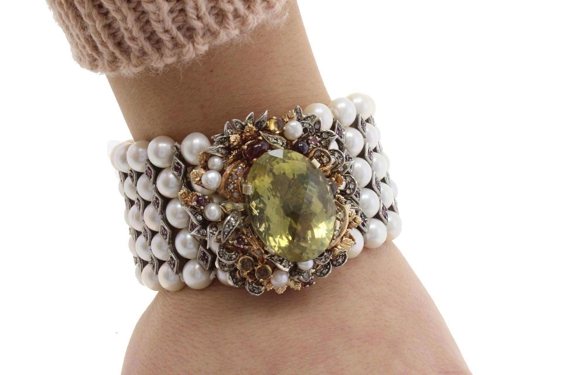 Pearl Diamond Ruby Semiprecious Silver Gold Bracelet 1