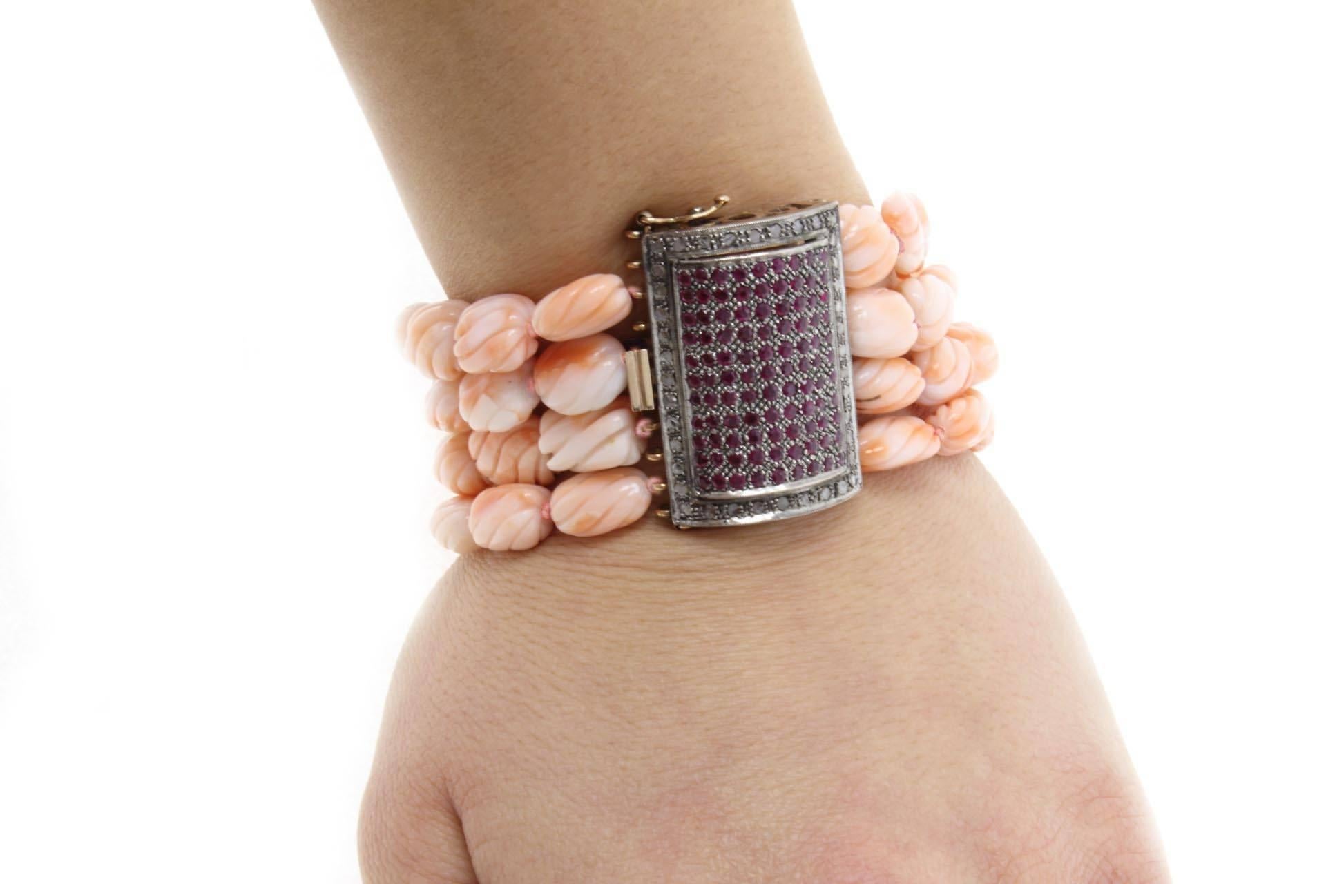 Retro 1960s Corals Bracelet with Ruby Diamond Silver Gold Clasp For Sale