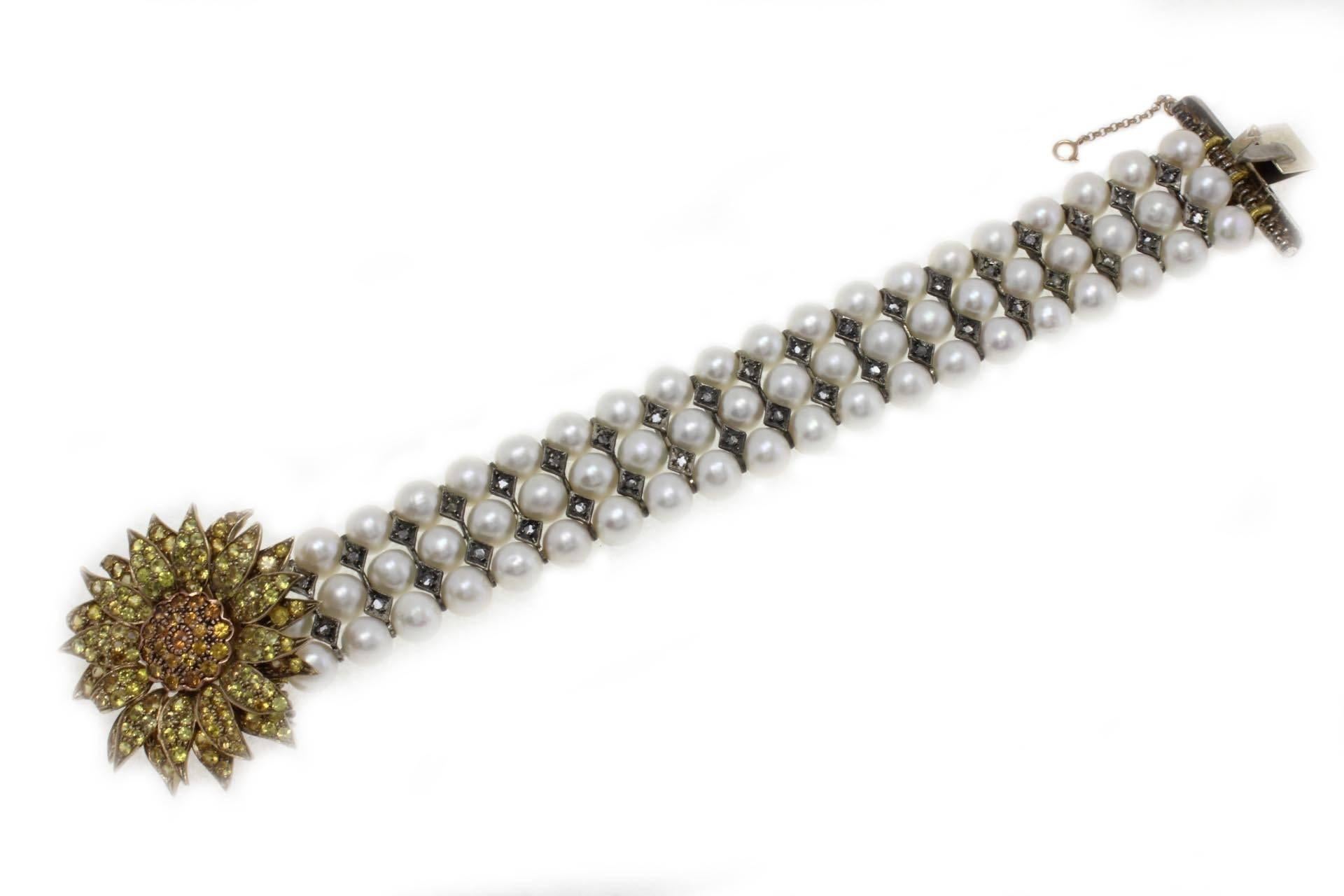 Retro 1970s Pearls Sapphires Diamonds Silver Gold Bracelet