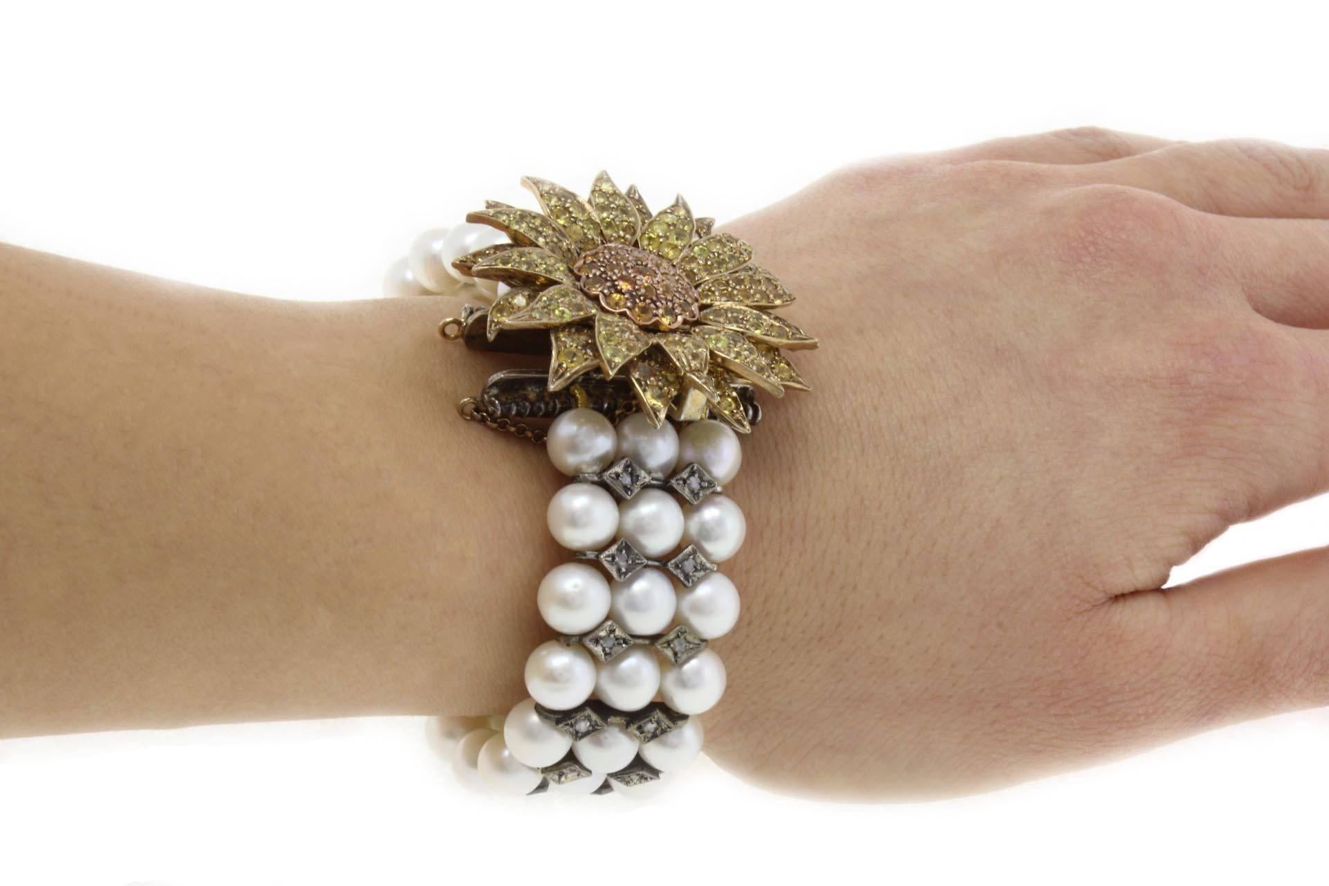 1970s Pearls Sapphires Diamonds Silver Gold Bracelet 1