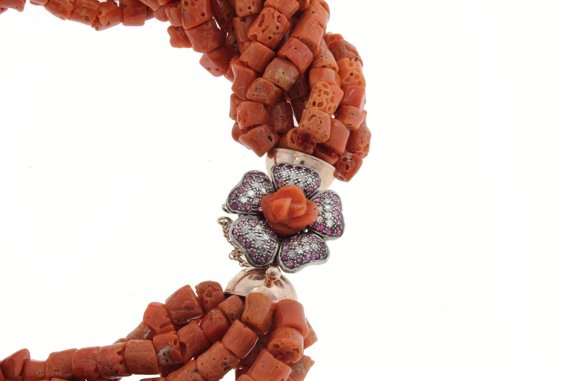 1980s Luise Coral Necklace with Ruby Diamond Silver Gold Flower Clasp In Good Condition In Marcianise, Marcianise (CE)