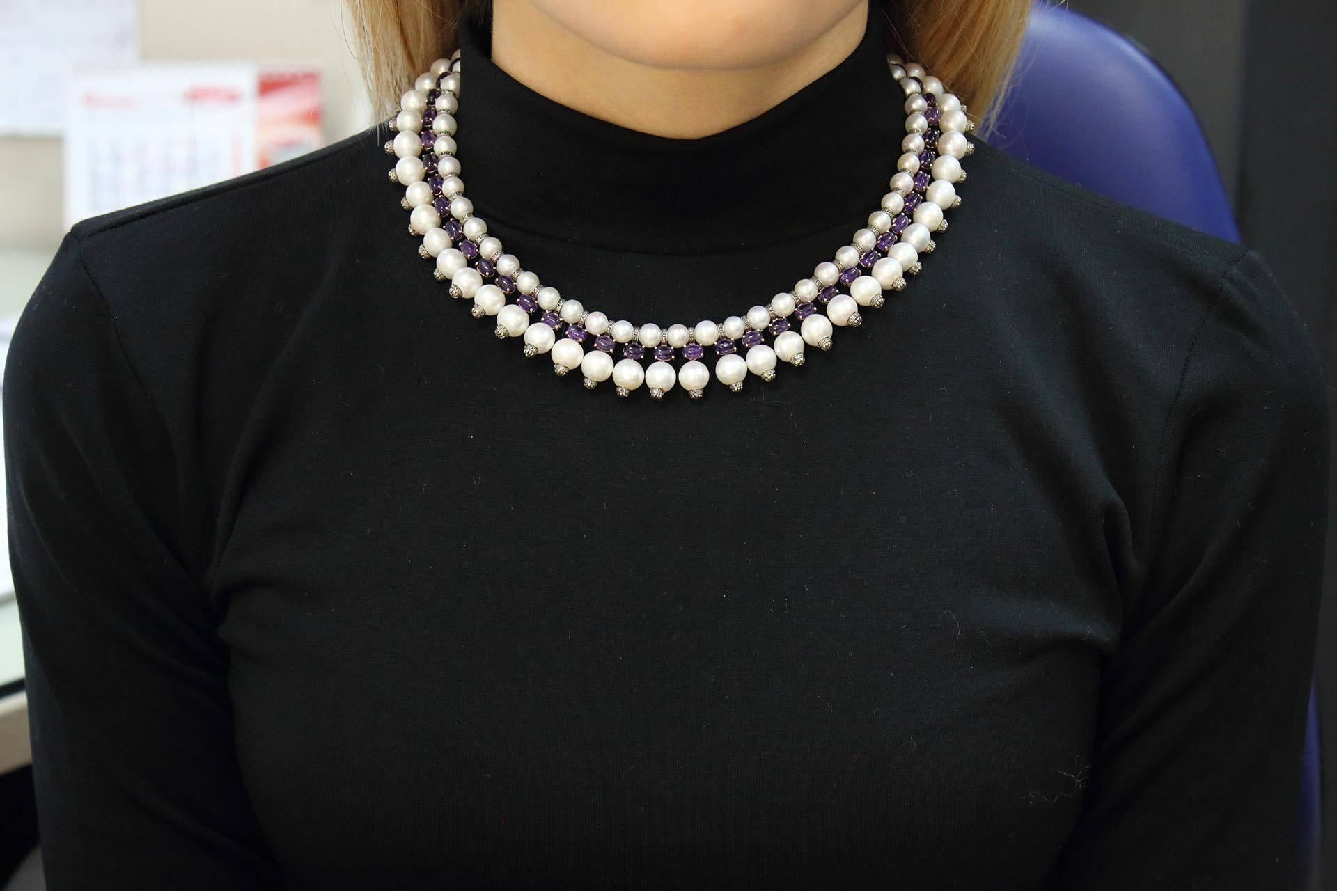 Pearl Amethyst Diamond Rose Gold Silver Necklace In Good Condition In Marcianise, Marcianise (CE)