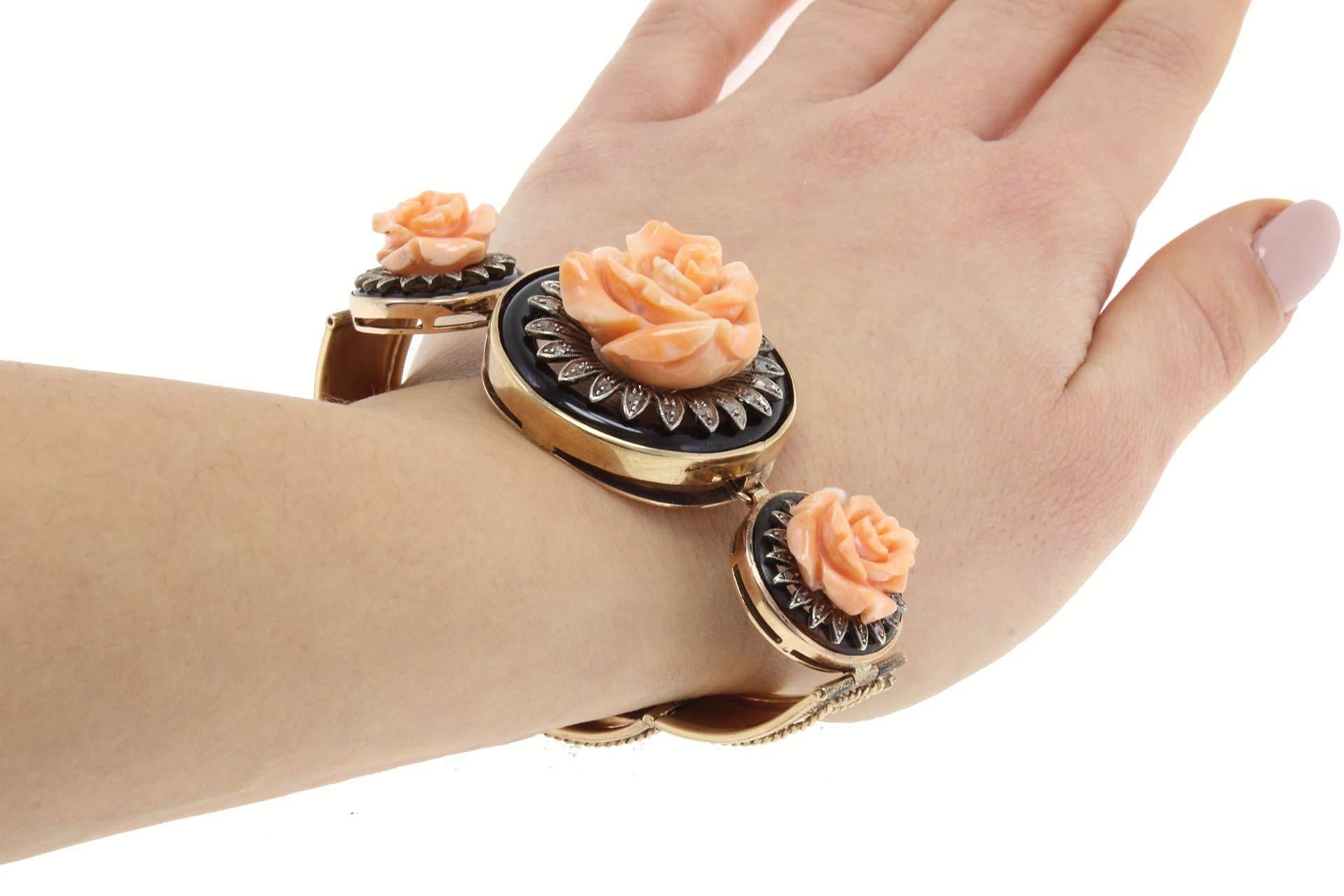 Women's Rose Corals Onyx Diamond Gold and Silver Bracelet For Sale
