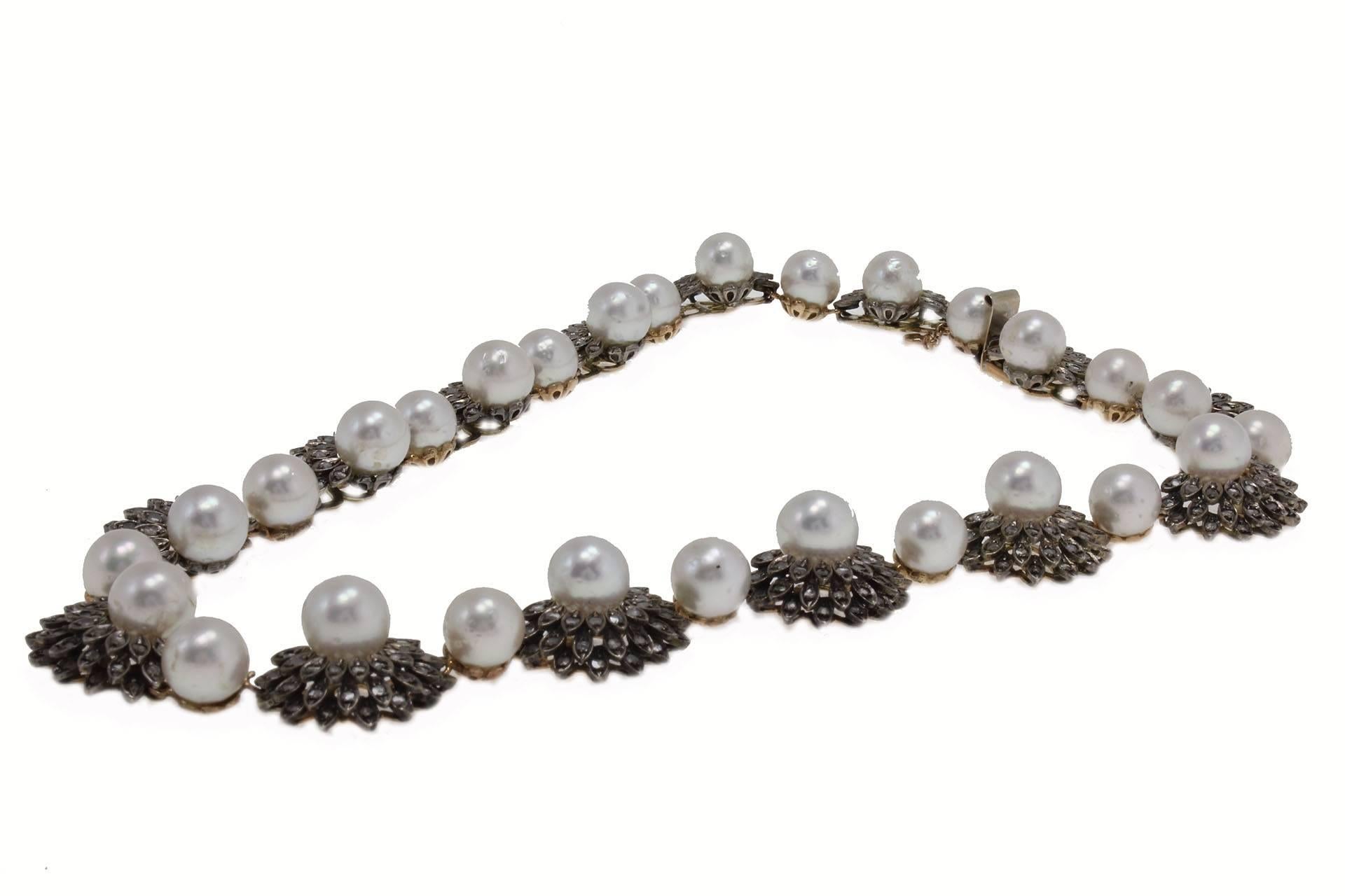 Perlen-Diamant-Halskette aus Roségold und Silber (Retro) im Angebot