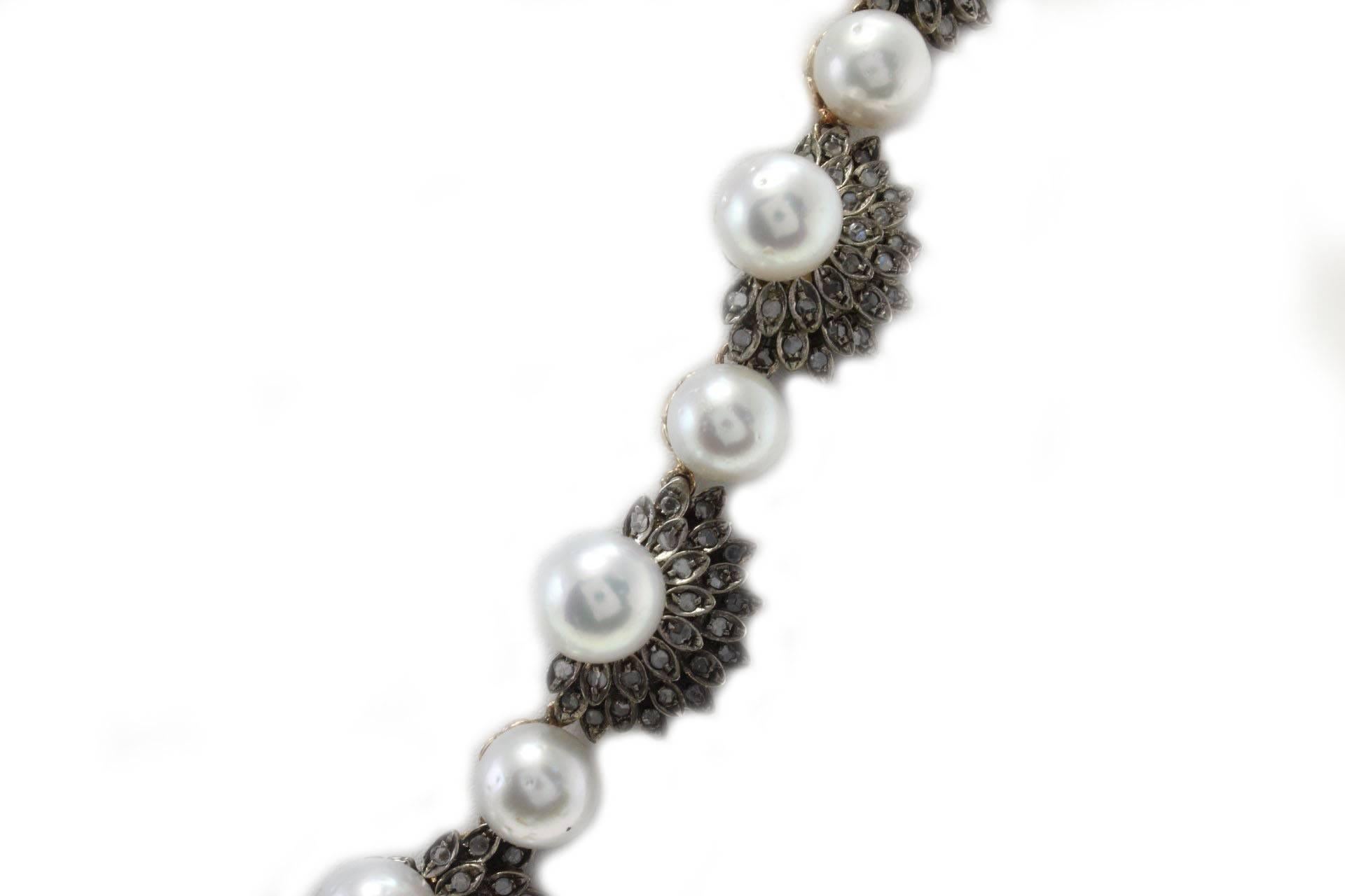 Perlen-Diamant-Halskette aus Roségold und Silber (Rosenschliff) im Angebot