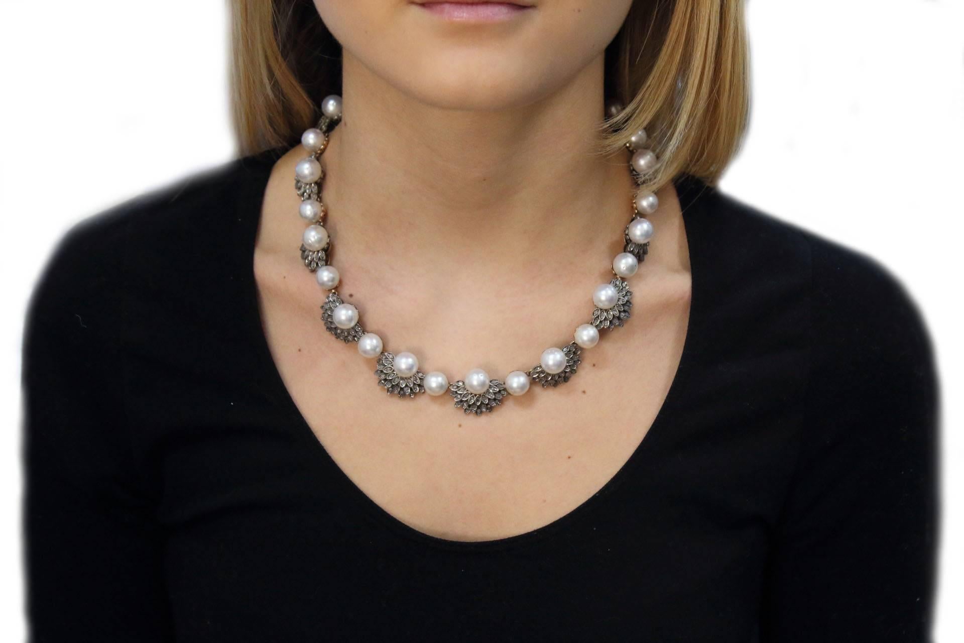 Perlen-Diamant-Halskette aus Roségold und Silber im Zustand „Gut“ im Angebot in Marcianise, Marcianise (CE)