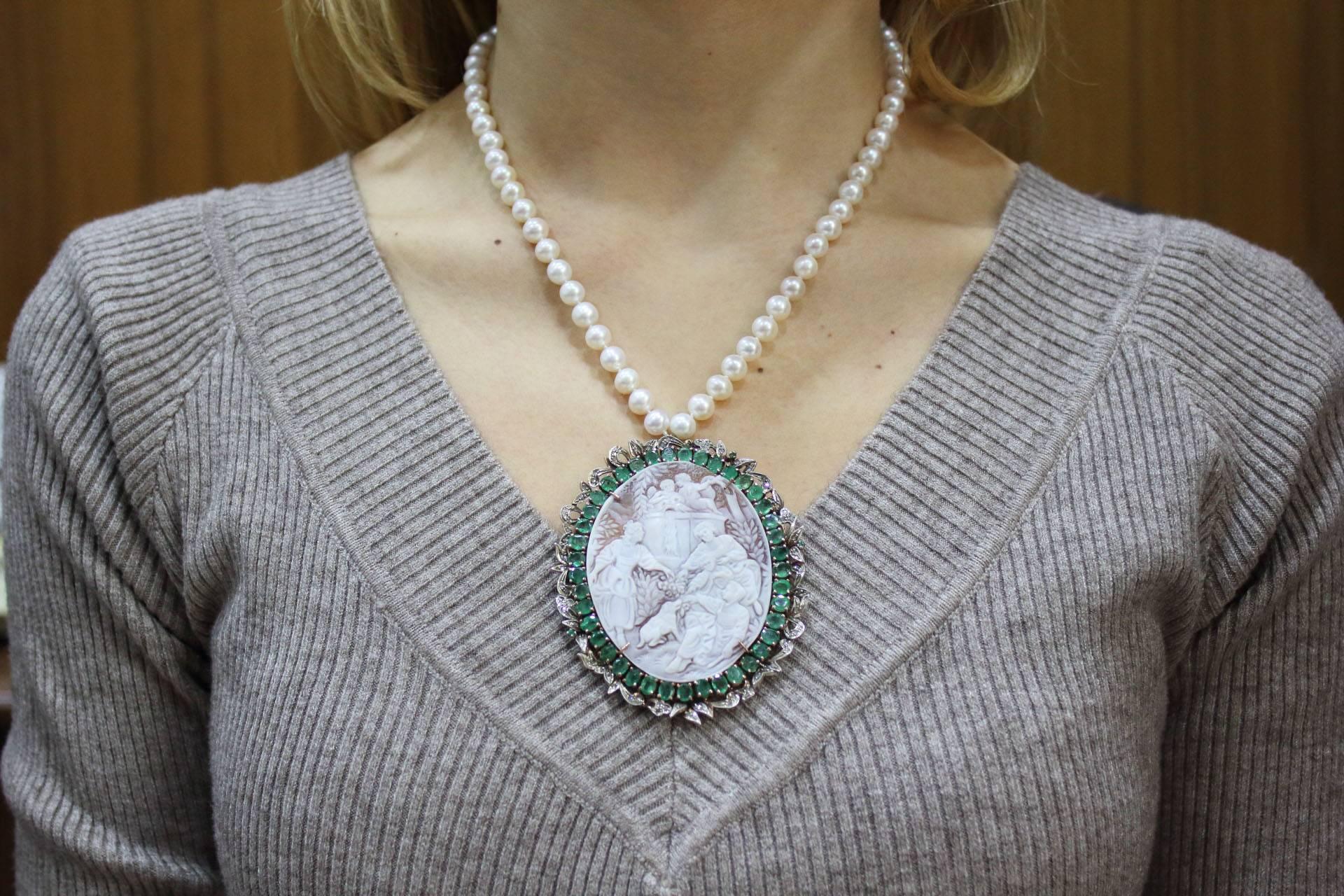 Mixed Cut Cameo Pearl Silver Gold Necklace For Sale