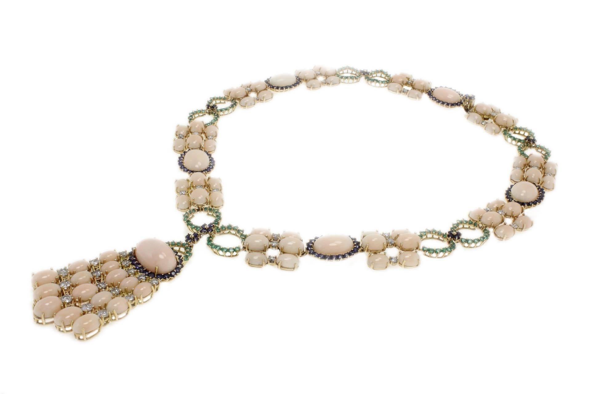 Brilliant Cut Oval Shape Pink Corals, Sapphires, Emeralds, Diamonds, 14K Rose Gold Necklace For Sale