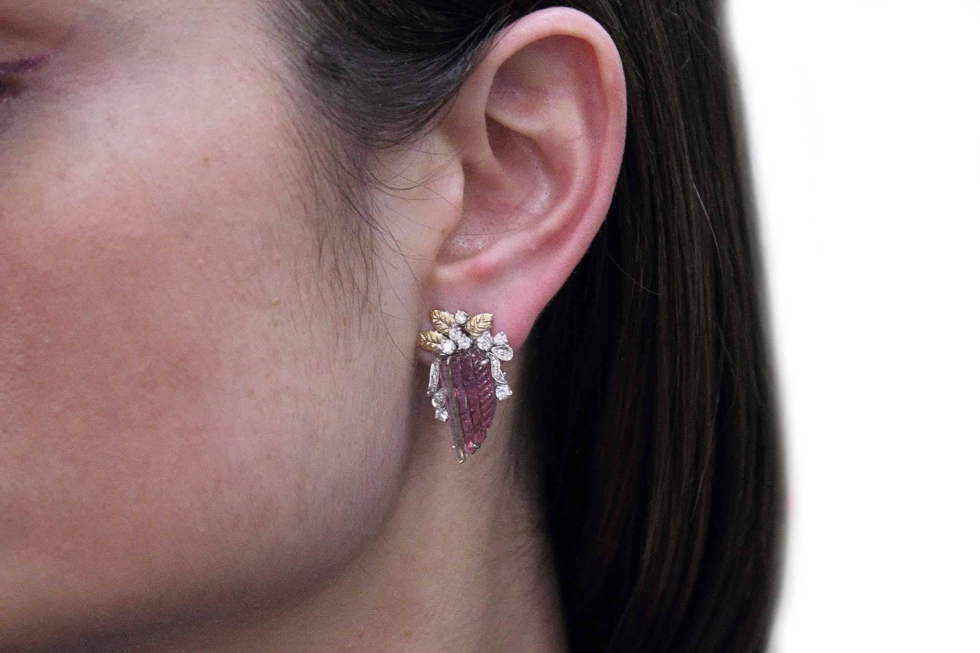 Tourmaline Diamonds Two-Color Gold Earrings In Good Condition In Marcianise, Marcianise (CE)