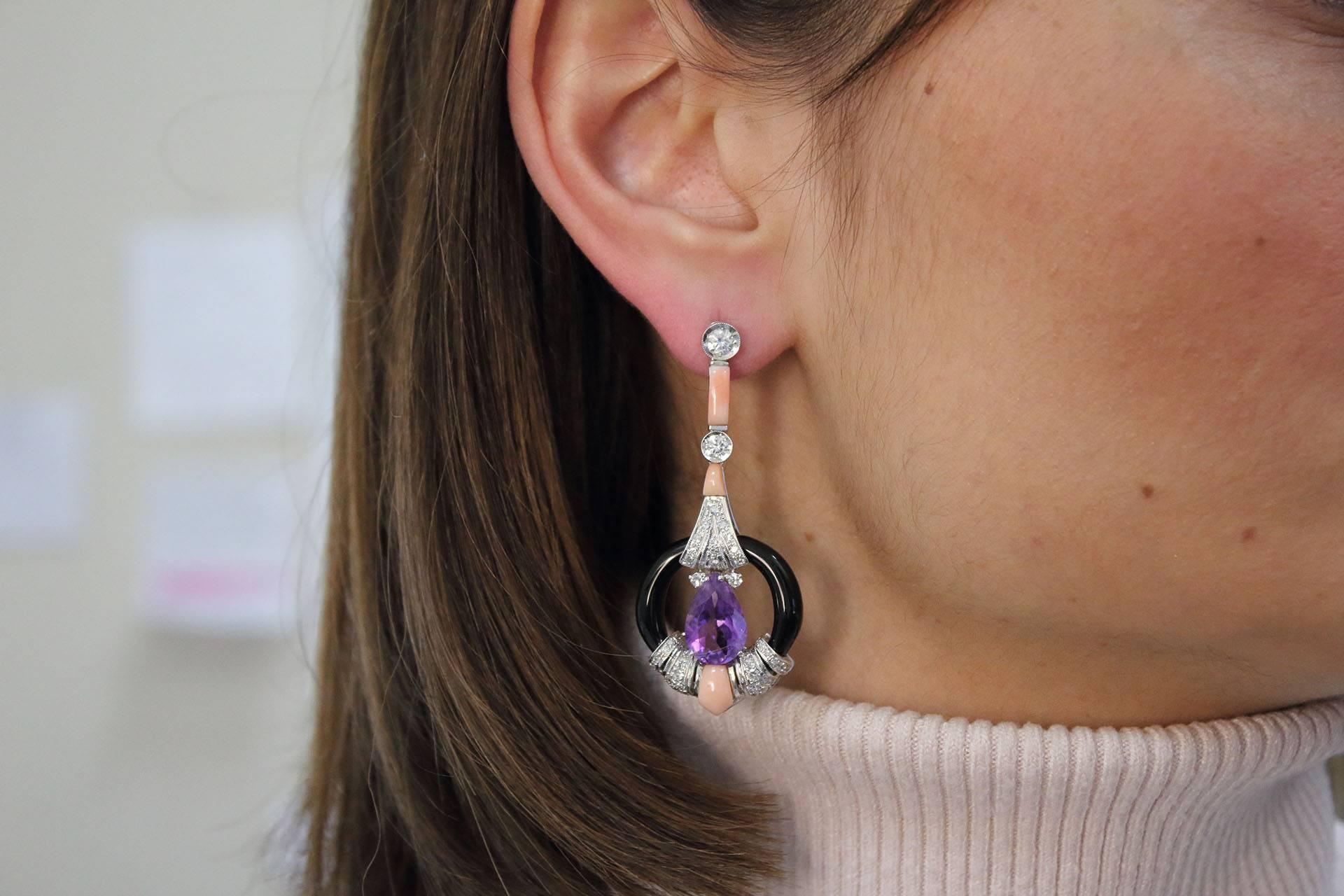 Brilliant Cut Diamonds, Amethyst Drops, Pink Coral, Onyx Rings, 14K White Gold Dangle Earrings For Sale