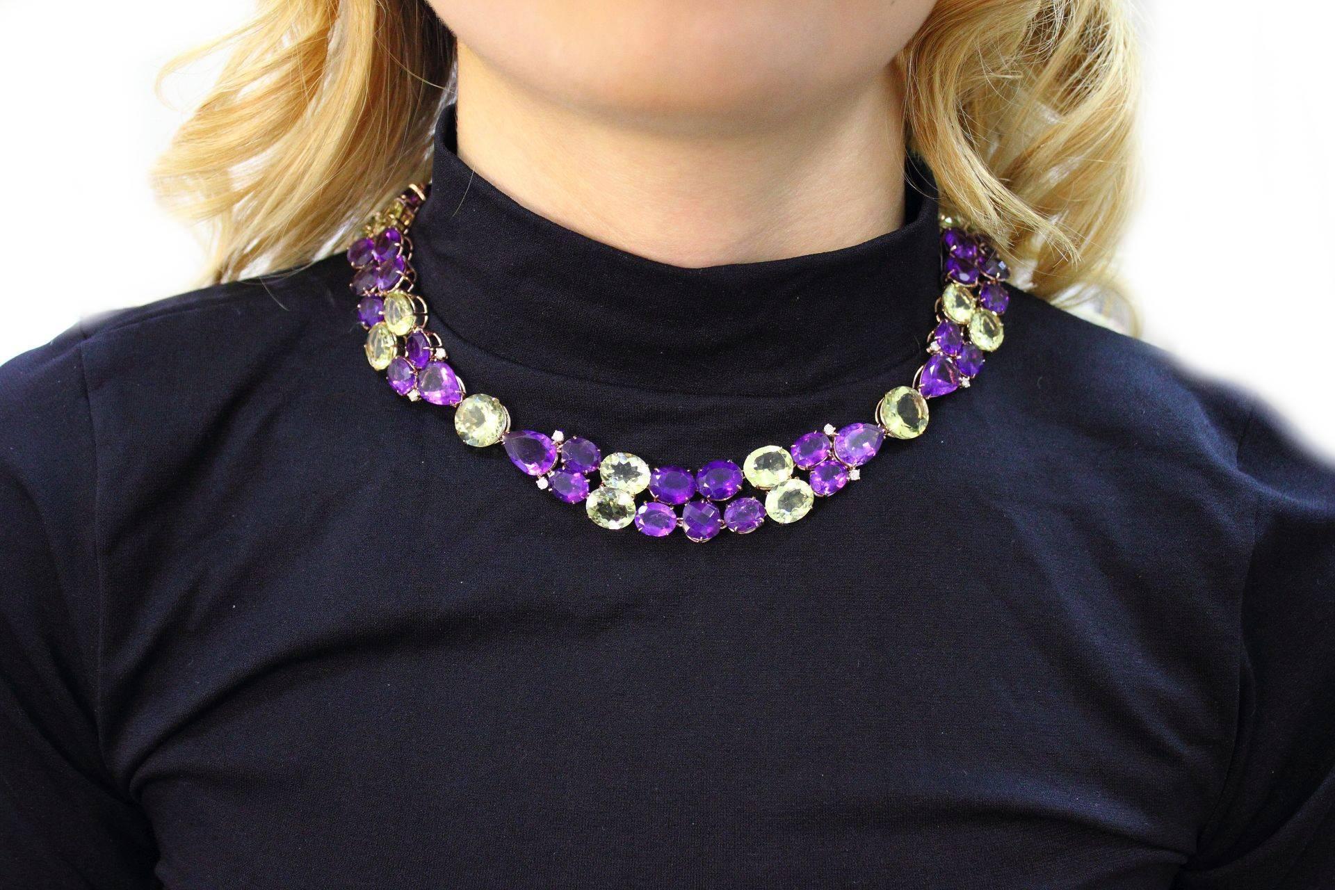 Mixed Cut Diamonds Carat Amethysts Citrines Gold Necklace For Sale